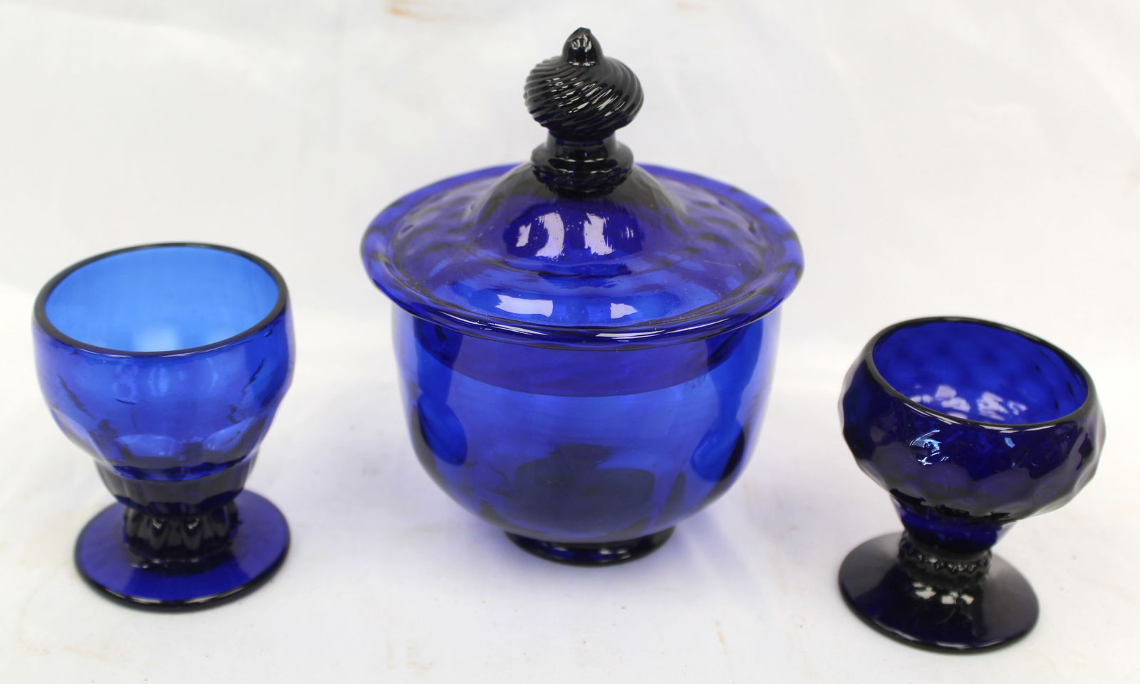 Lot of 3 pcs early cobalt glass incl 2 salt compotes & a sugar w cover - 2 3/4", 3" & 5 1/2" tall: Lot of 3 pcs early cobalt glass incl 2 salt compotes & a sugar w cover - 2 3/4", 3" & 5 1/2" tall