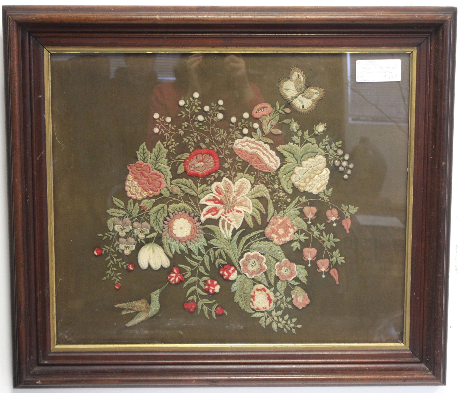 19thC framed stumpwork of flowers, hummingbird & butterfly - overall framed size 26"x30": 19thC framed stumpwork of flowers, hummingbird & butterfly - overall framed size 26"x30"
