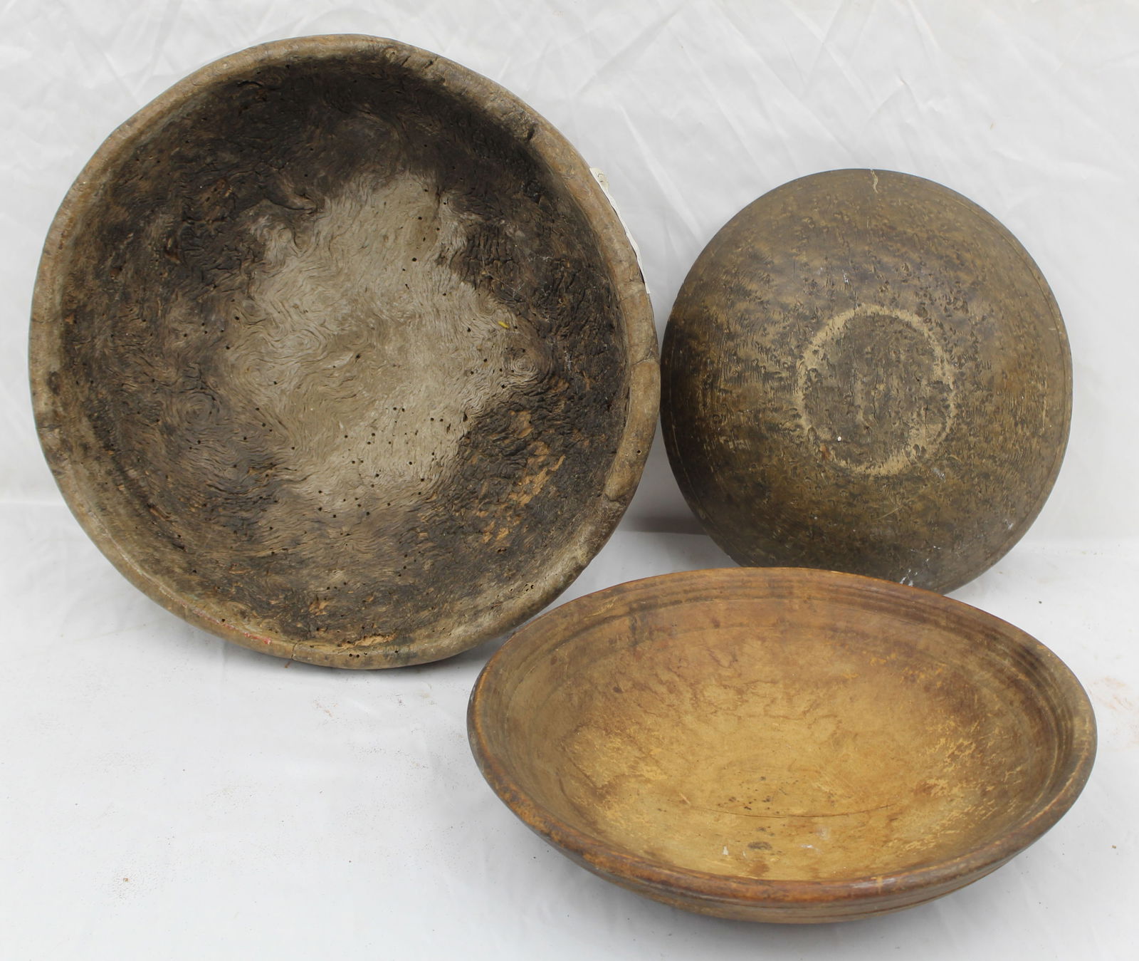 Lot of 3 antique wooden bowls incl 2 burl - 6" tall x 16 1/2" diam (burl), 3" tall x 15" diam & 3 (1 of 9)