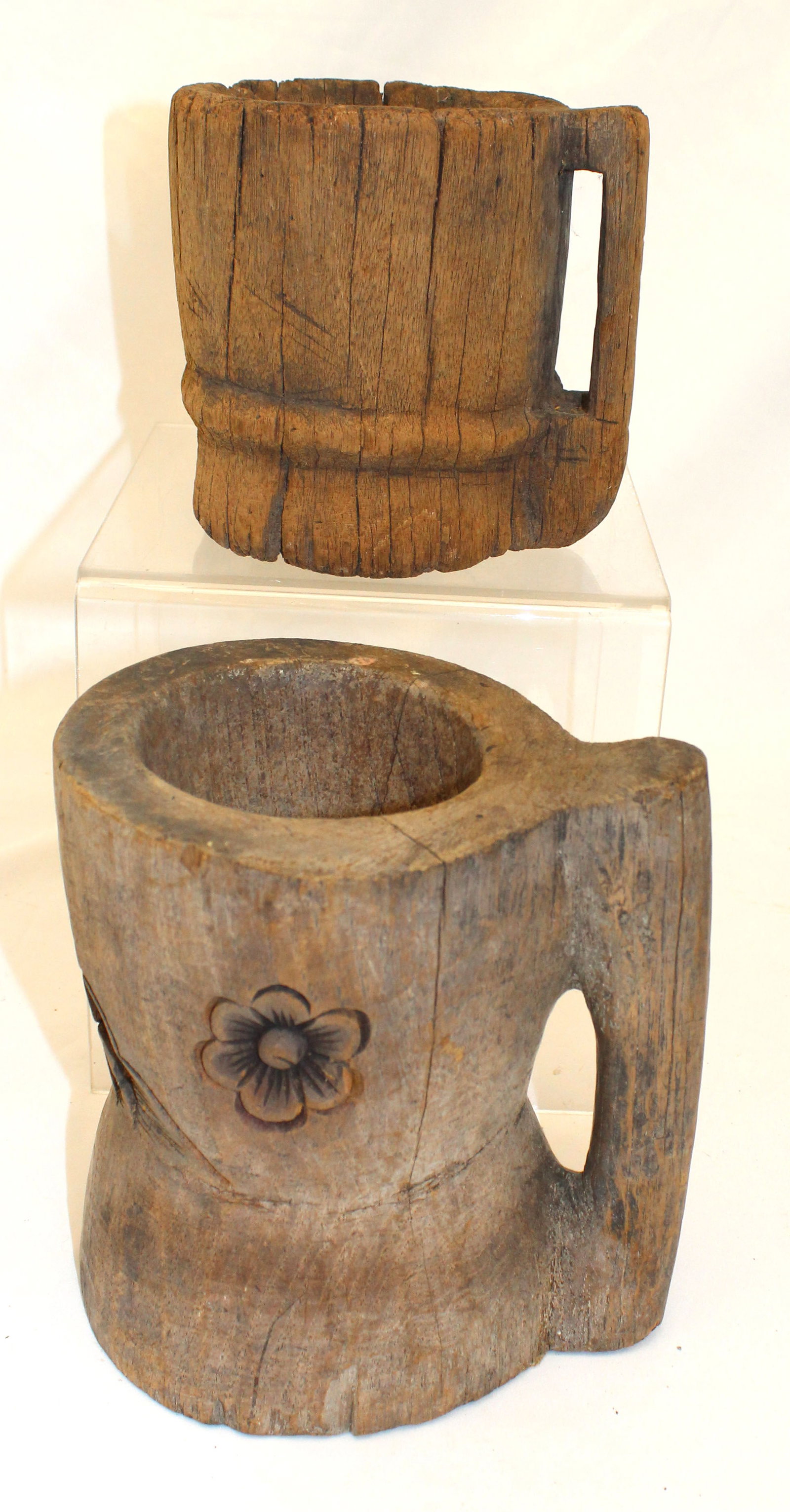 Lot of 2 antique carved wooden tankards - 1 w carved floral dec - 8" tall x 7" wide & 6" tall x 6": Lot of 2 antique carved wooden tankards - 1 w carved floral dec - 8" tall x 7" wide & 6" tall x 6" wide