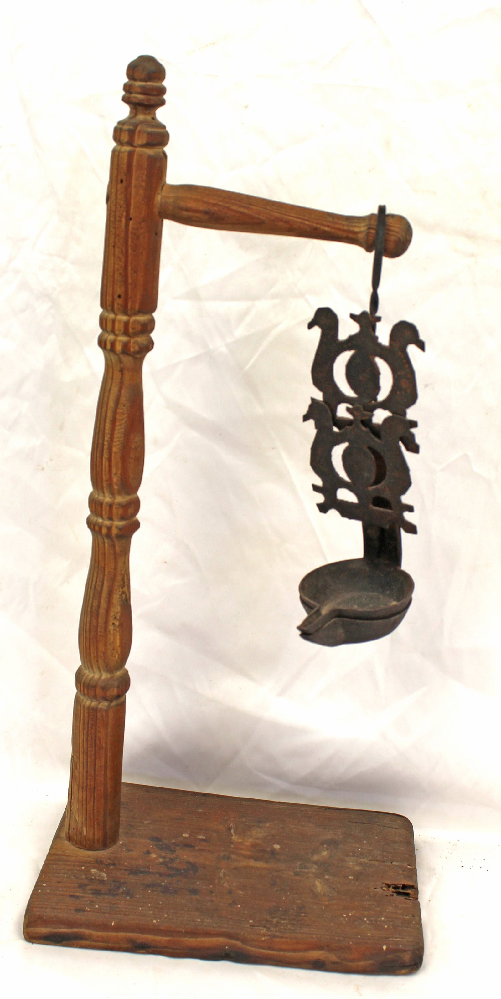 Antique wooden lighting stand w antique betty lamp w bird motif - 22" tall stand x 10"x6 1/2" base -: Antique wooden lighting stand w antique betty lamp w bird motif - 22" tall stand x 10"x6 1/2" base -