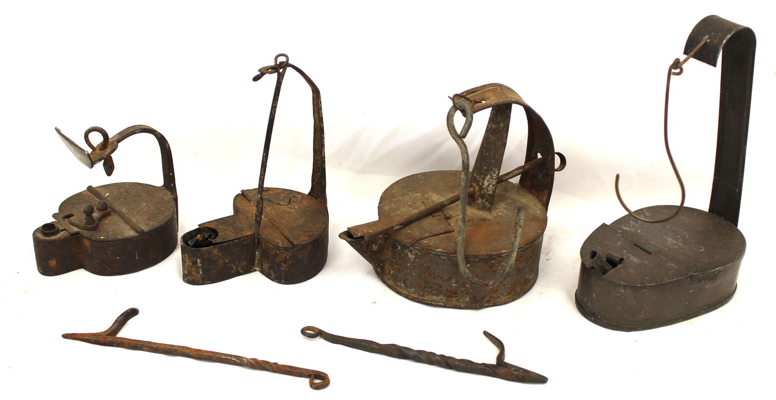 Lot of 4 antique betty lamps - 5"x3"x5" smallest - 6 1/2"x4 1/2"x3" largest: Lot of 4 antique betty lamps - 5"x3"x5" smallest - 6 1/2"x4 1/2"x3" largest