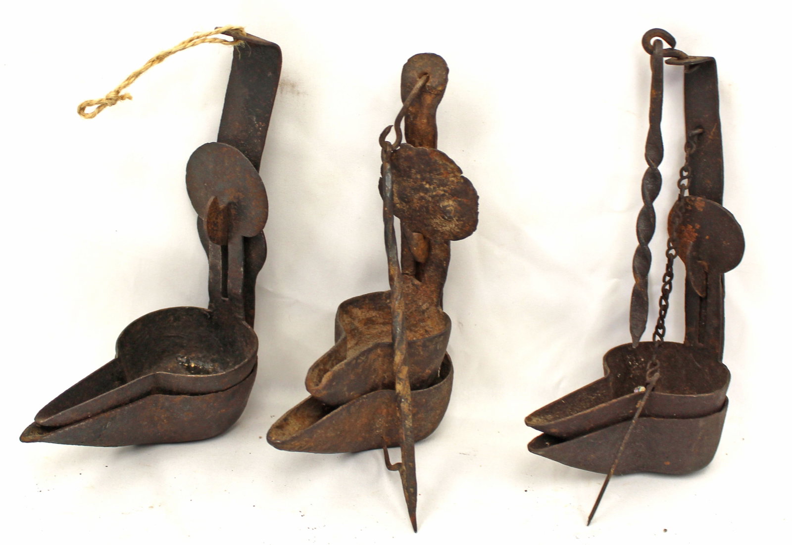 Lot of 3 antique betty lamps - 6"x4" smallest - 6 1/2"x4 1/2" largest: Lot of 3 antique betty lamps - 6"x4" smallest - 6 1/2"x4 1/2" largest