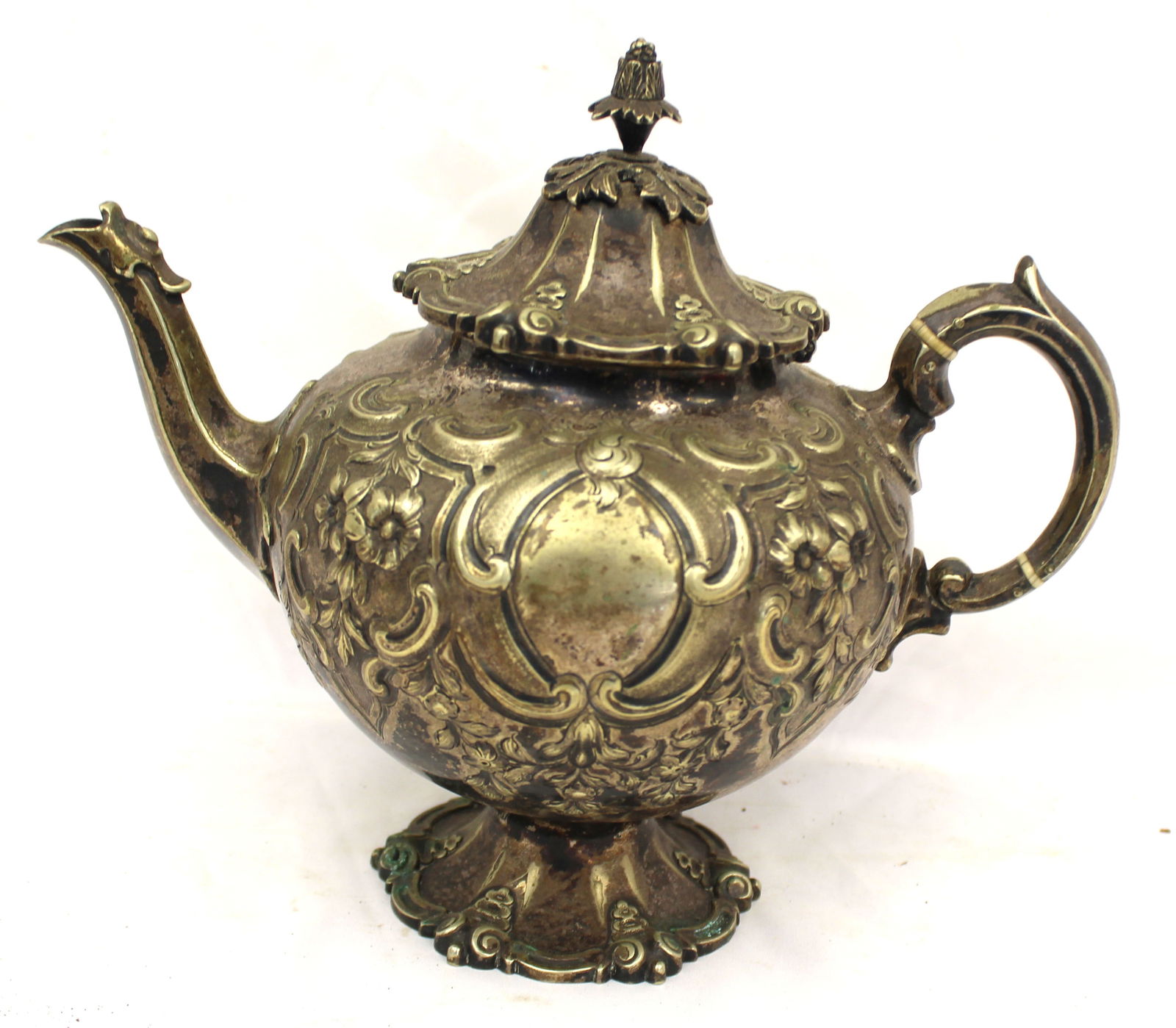 Antique silver repoussé tea pot - possibly coin or English silver - 9" tall x 10" wide (1 of 9)