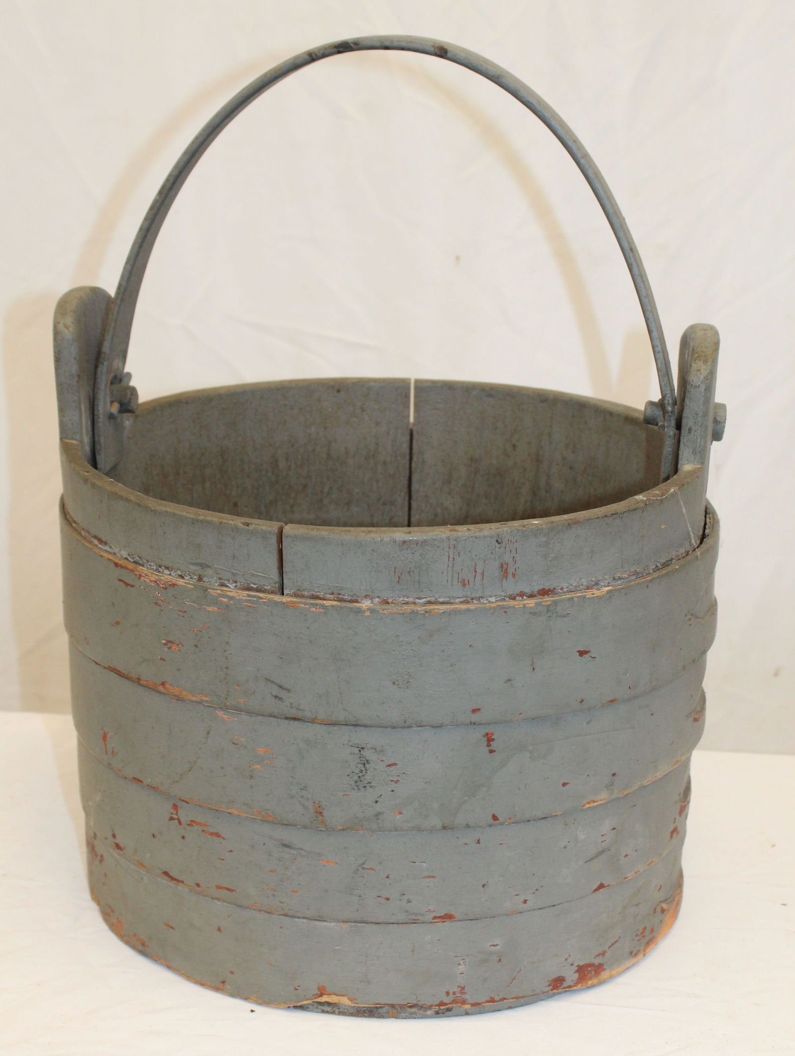 Antique swing handled wooden bucket in gray paint w swallow tail bands - 12" tall x 12 1/2" diam (1 of 6)