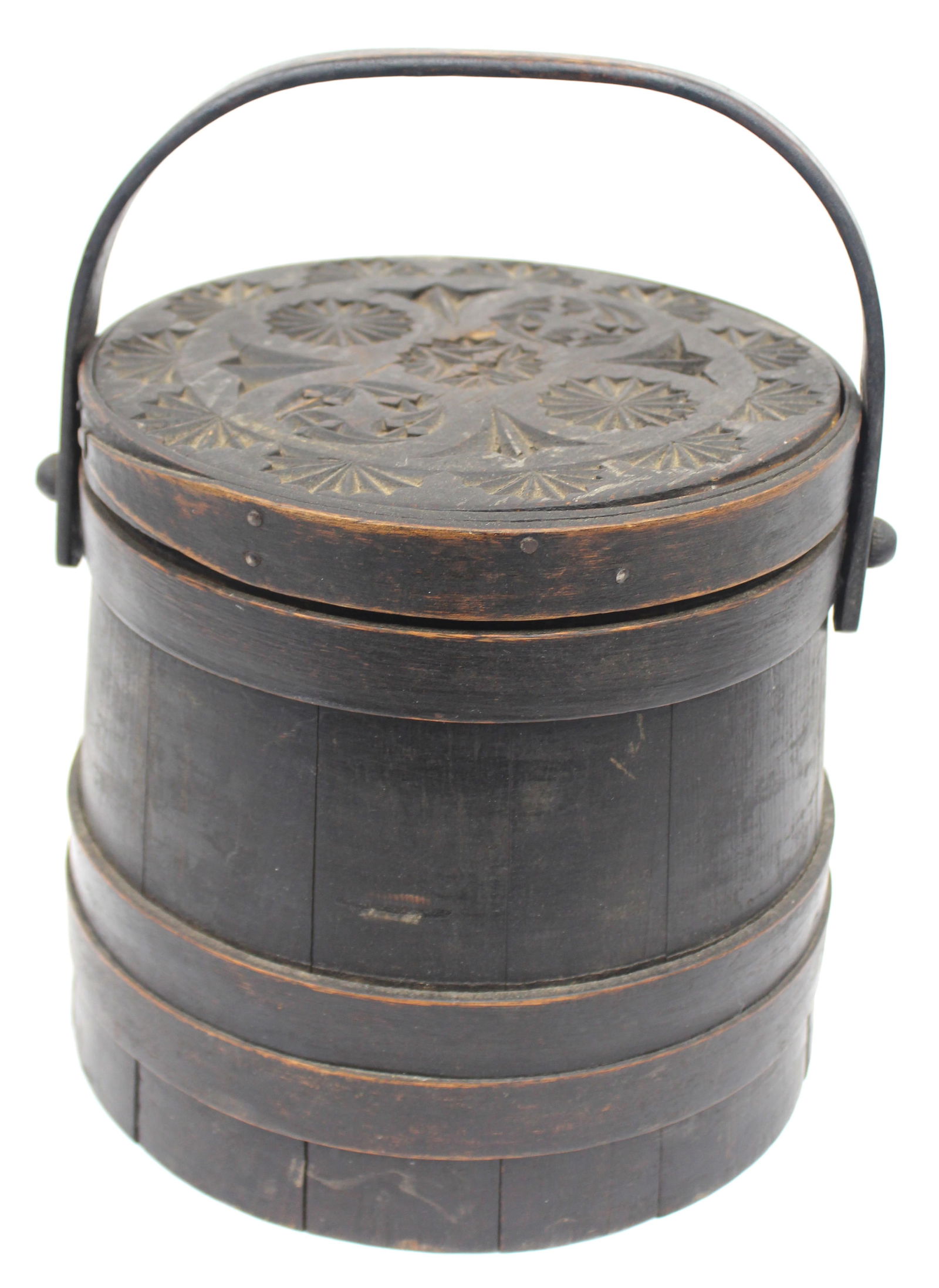 Antique wooden firkin bucket w carved decorated lid in black paint - 10" tall x 9 1/2" diam (1 of 6)