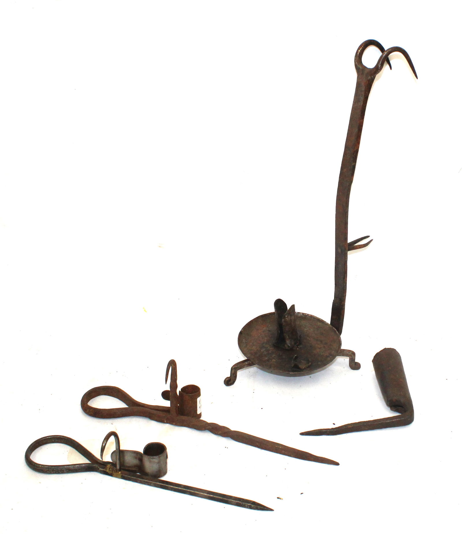 Lot of 4 iron lighting items incl 3 sticking tommy's & make do made out of a fork 15 1/2" tall x 6 (1 of 6)