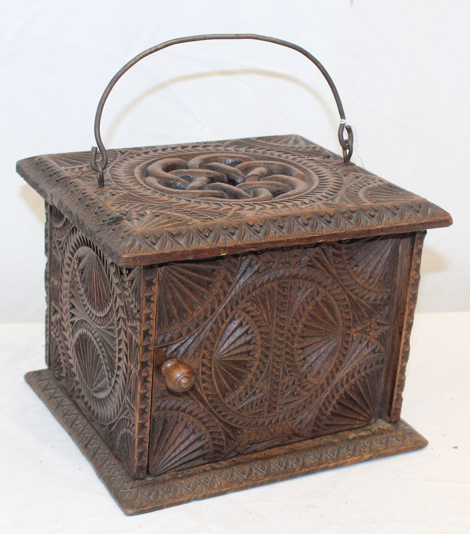 Antique carved wood foot warmer w iron bail handle - 8" tall x 9"x8" (1 of 6)