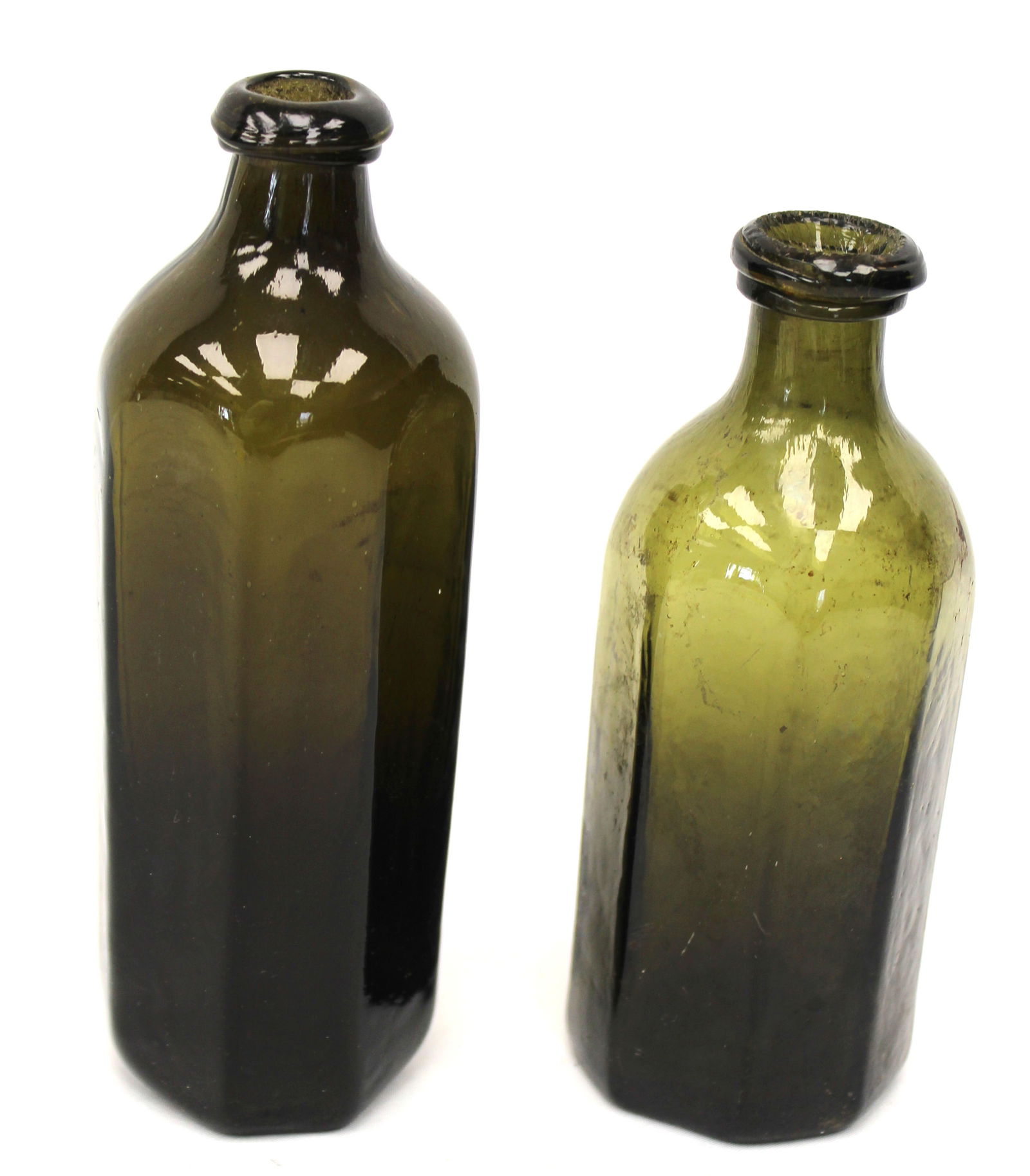 Lot of 2 early octagonal glass bottles in olive green - 5" & 5 1/2" tall (1 of 9)