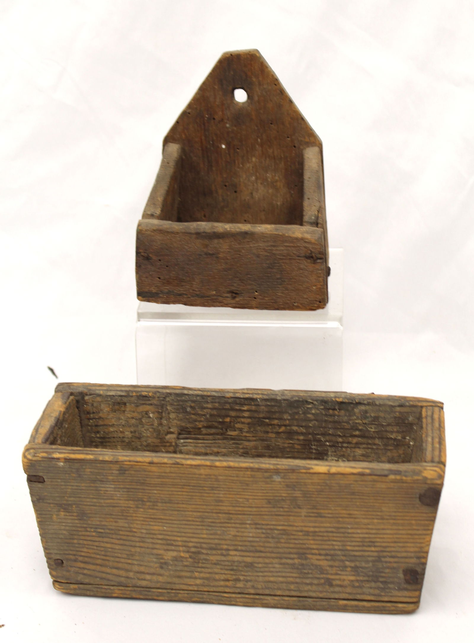 Lot of 2 antique wooden boxes incl small wall box - 5 1/2" tall x 4" wide & 3 3/4" tall x 9"x3 1/2" (1 of 5)