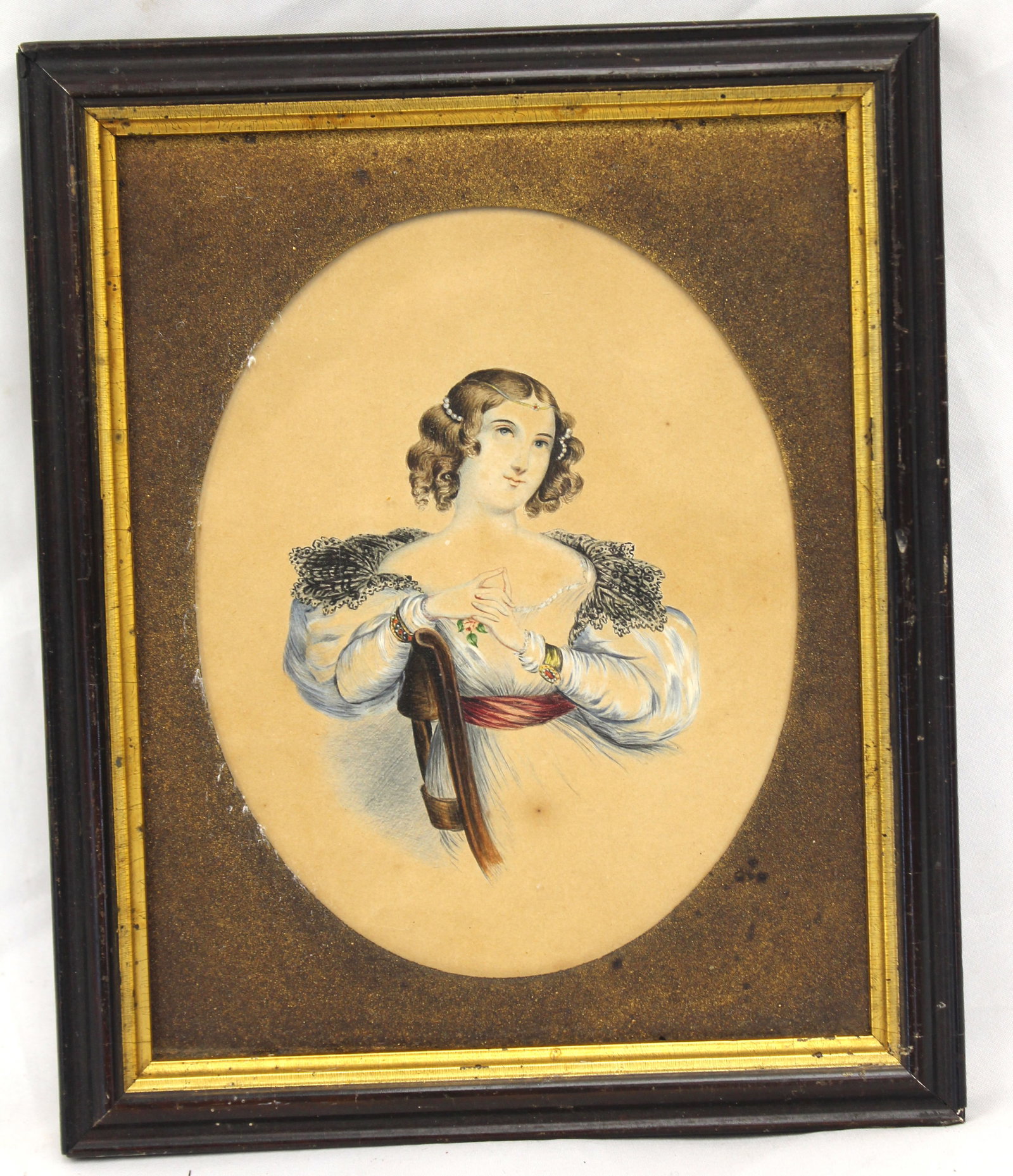 Antique watercolor of a woman w flowers - overall framed size - 9"x7 1/2": Antique watercolor of a woman w flowers - overall framed size - 9"x7 1/2"