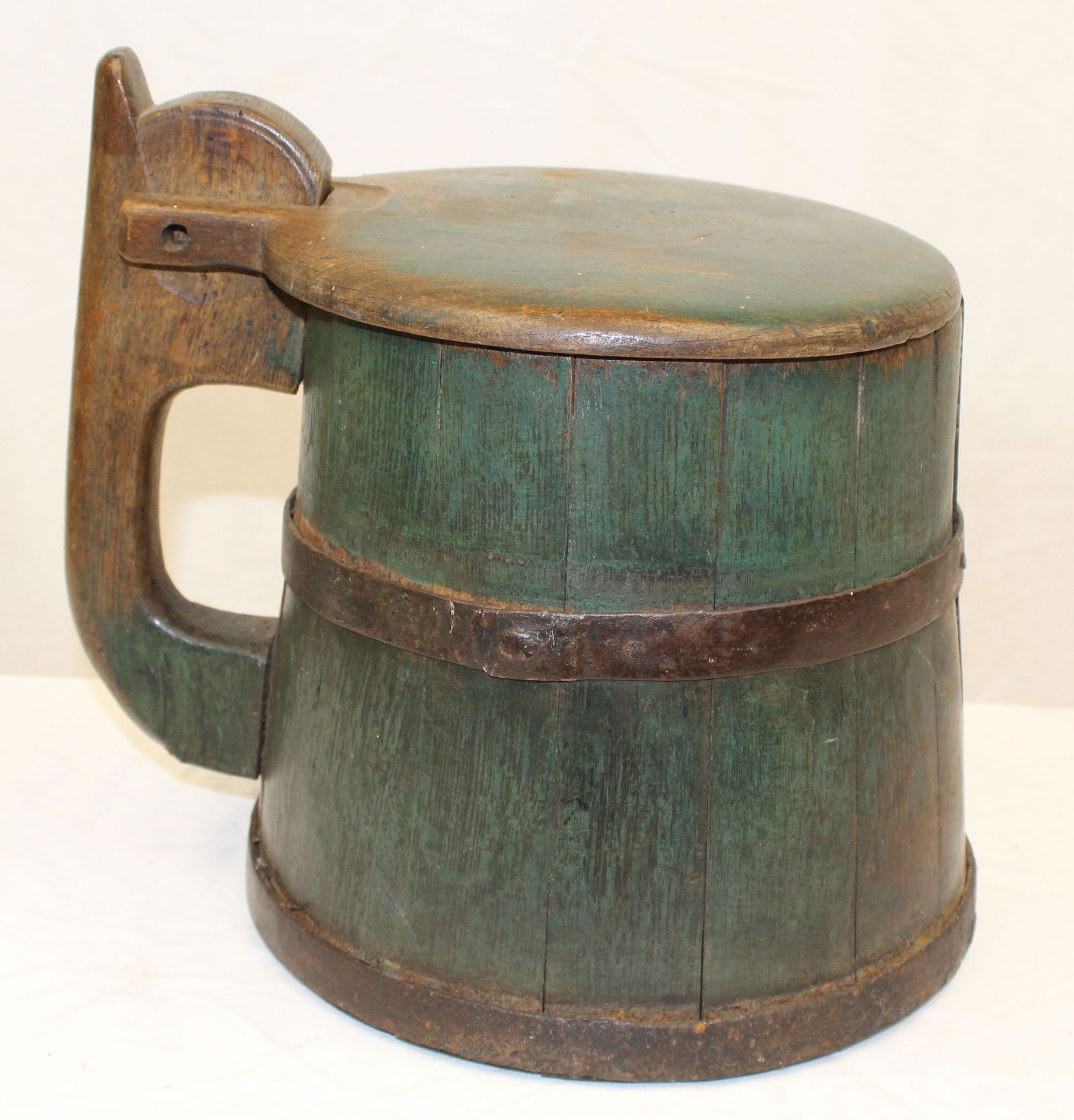Antique wooden tankard w iron banding in green paint - 11 1/2" tall x 12" wide: Antique wooden tankard w iron banding in green paint - 11 1/2" tall x 12" wide