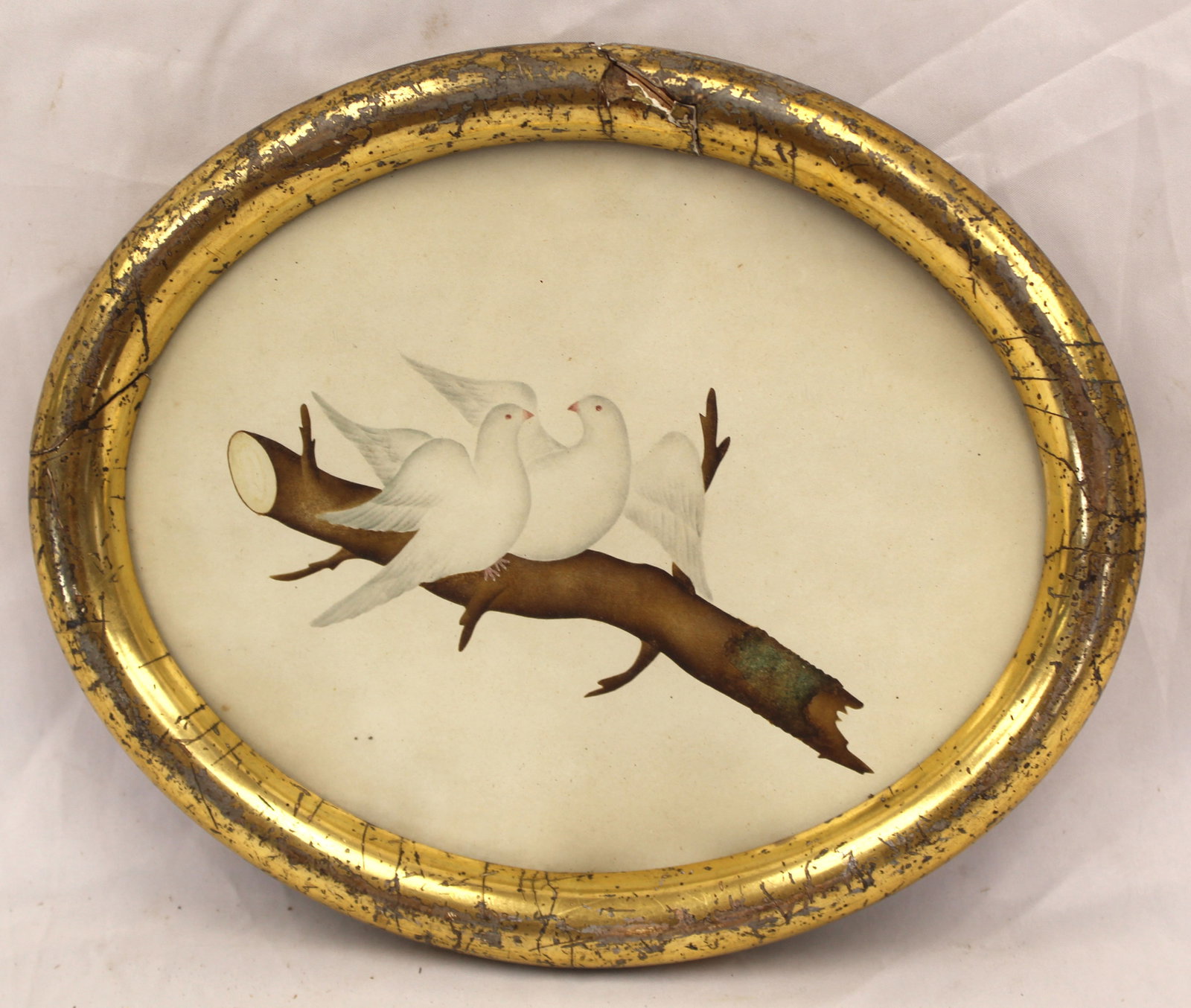 Antique watercolor of doves on a branch - overall all oval framed size 10"x11 1/2": Antique watercolor of doves on a branch - overall all oval framed size 10"x11 1/2"