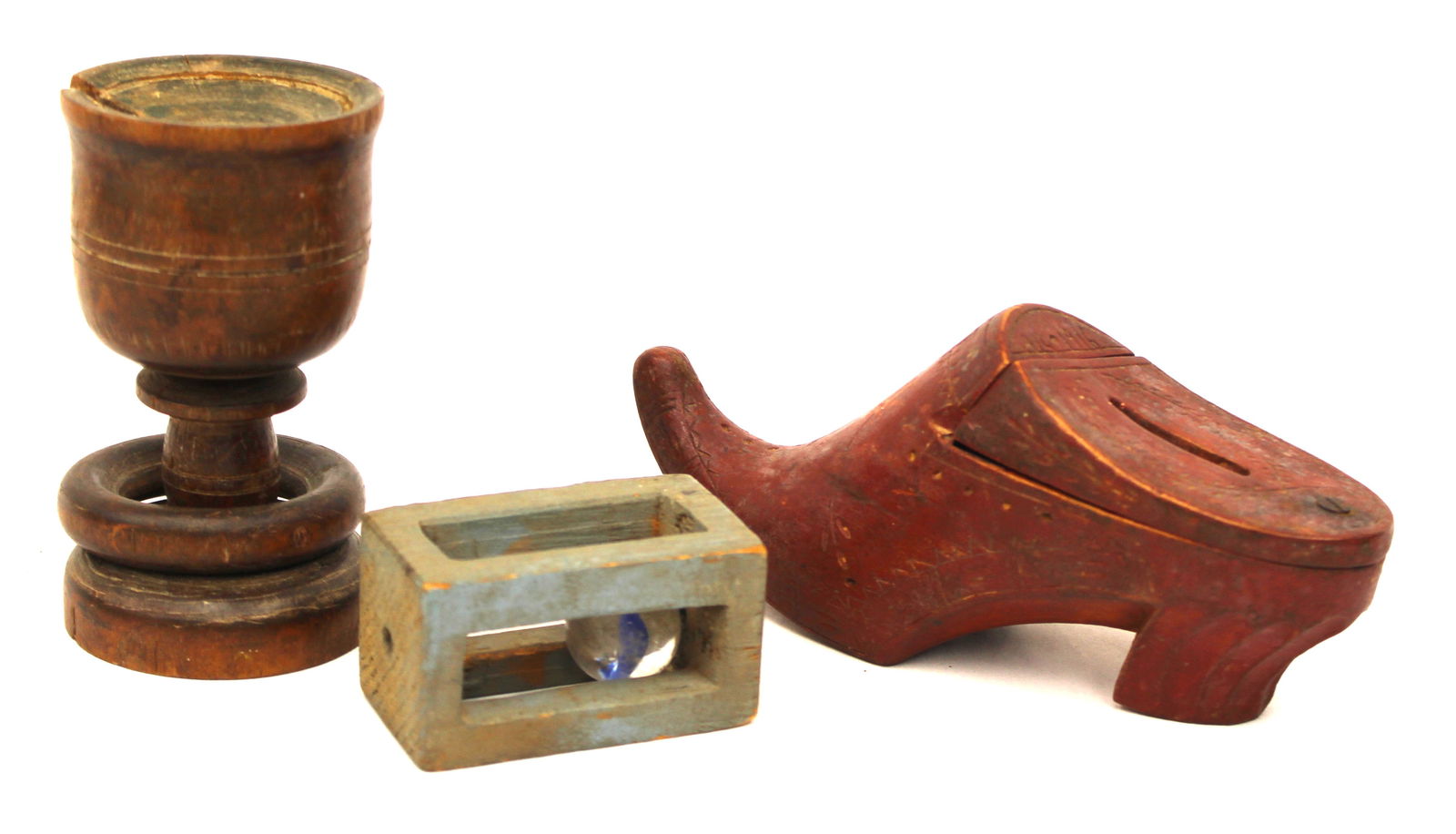 Antique wooden whimsey lot incl shoe form puzzle box 3"x7", puzzle chalice w ring 4 3/4" tall & (1 of 8)