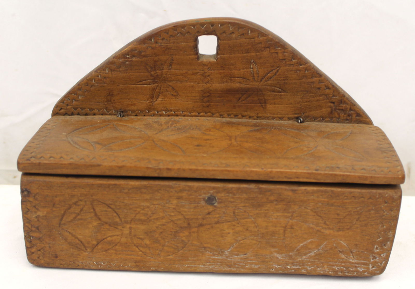 18thC small walnut wall box w carved decoration - 6"x9"x3 3/4": 18thC small walnut wall box w carved decoration - 6"x9"x3 3/4"