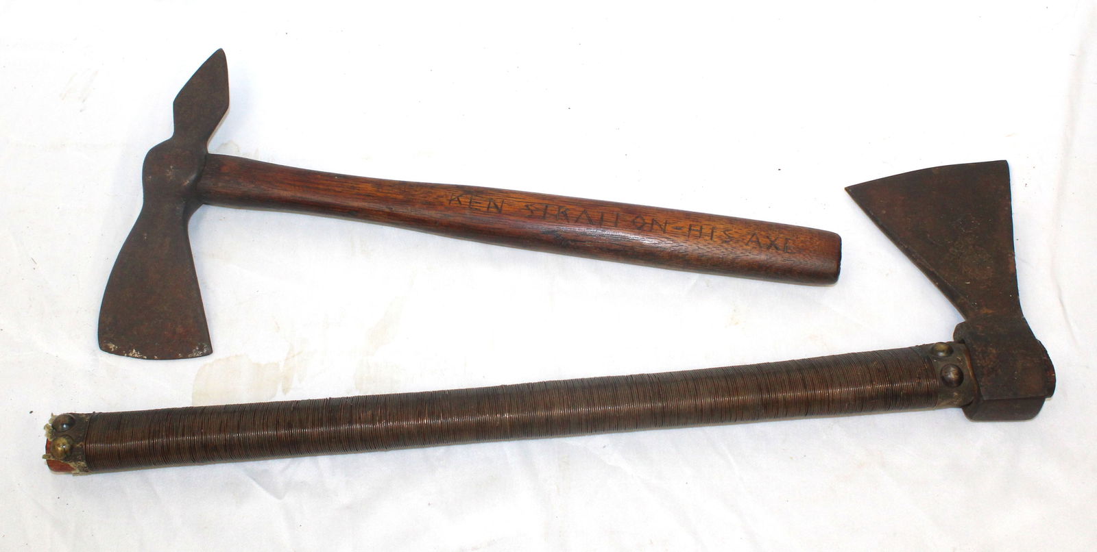 Lot of 2 antique wooden handled axes incl 1 w wire wrapped handle - 13 1/2" & 18 1/2" long (1 of 8)