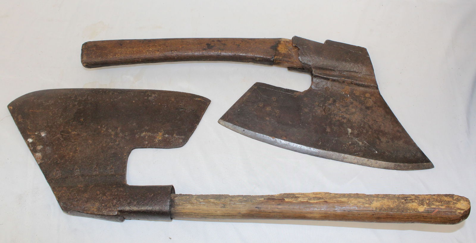 Lot of 2 antique wooden handled axes - 22" long x 9 1/2" long blade & 26" long x 8 1/2" long blade (1 of 10)