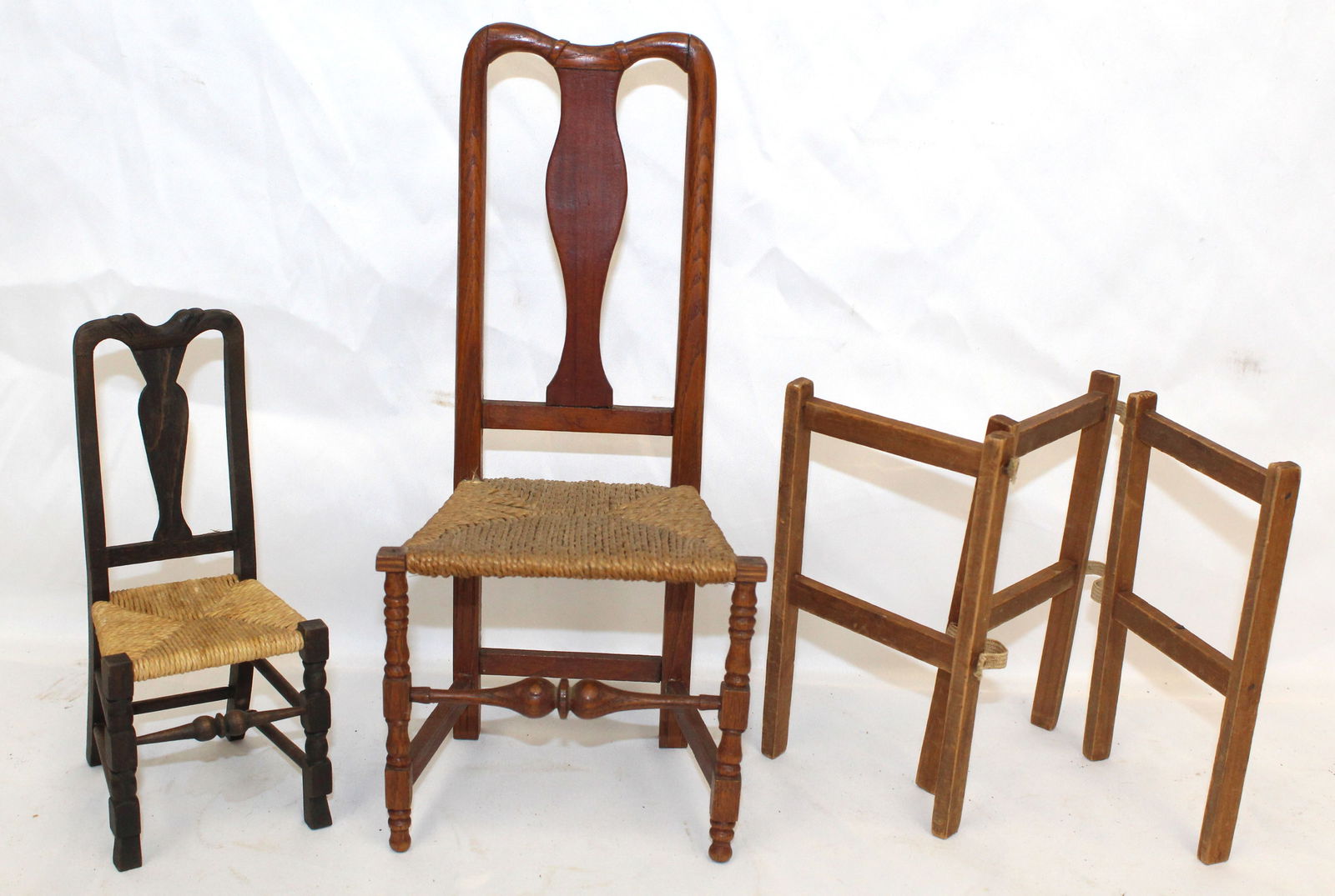 Antique miniatures lot incl 2 QA side chairs & a 3 section herb rack - 6 1/2" & 10 1/2" tall chairs (1 of 5)