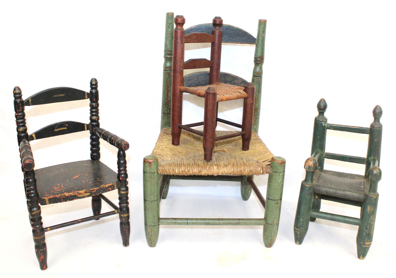Lot of 4 antique small/doll size ladderback chairs - 9"-14" tall (1 of 6)