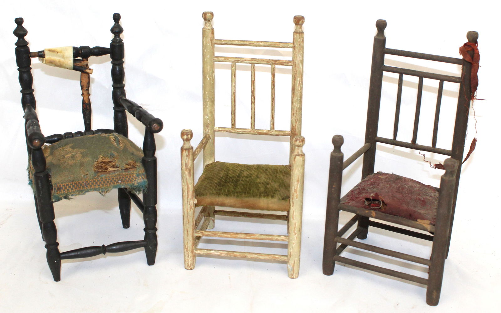 Lot of 3 antique small/doll size banister back chairs - 8 1/2"-9" tall: Lot of 3 antique small/doll size banister back chairs - 8 1/2"-9" tall