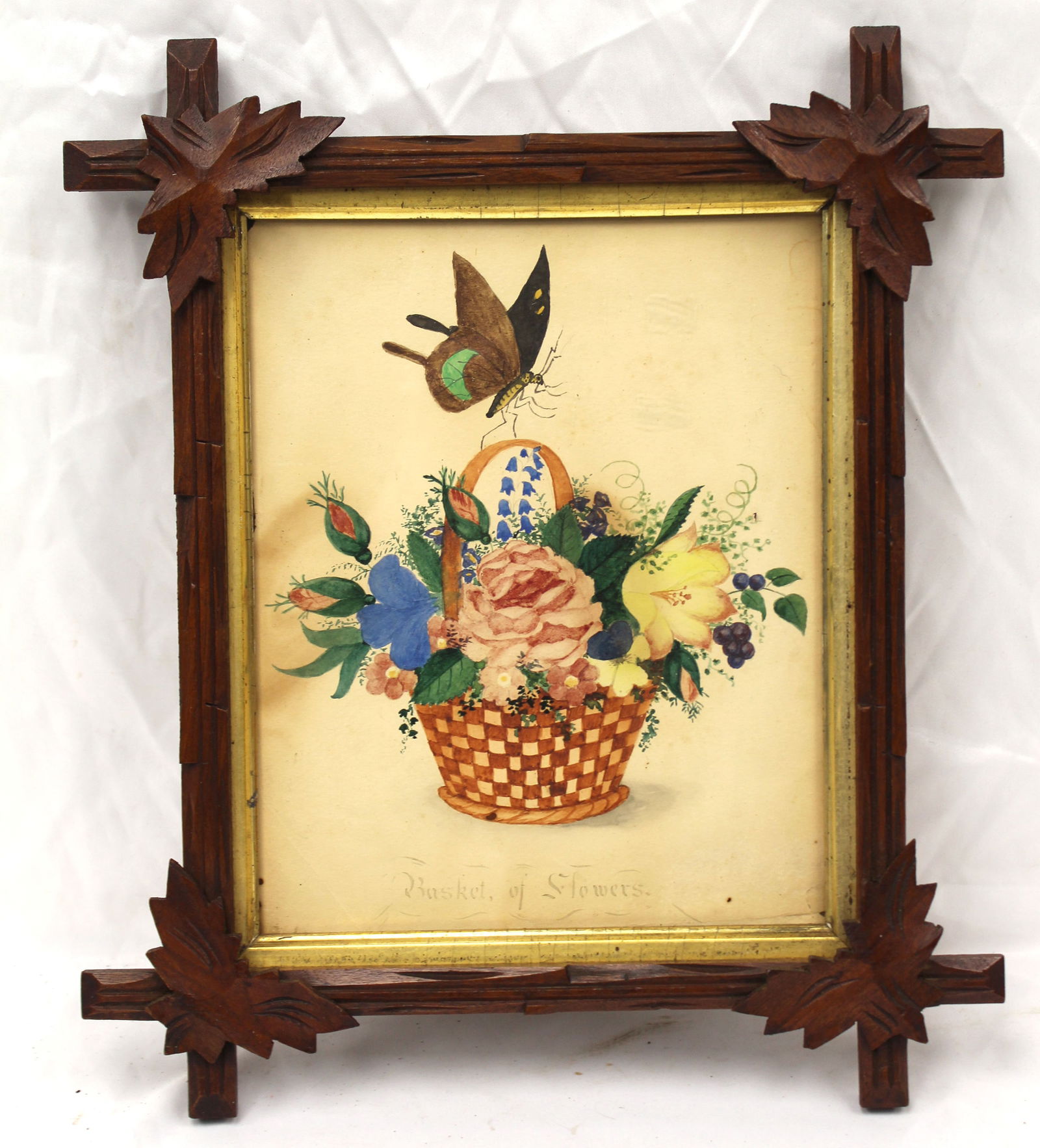 Antique watercolor basket of flowers w butterfly in Vict criss cross frame - overall framed size 14: Antique watercolor basket of flowers w butterfly in Vict criss cross frame - overall framed size 14 1/2"x12"