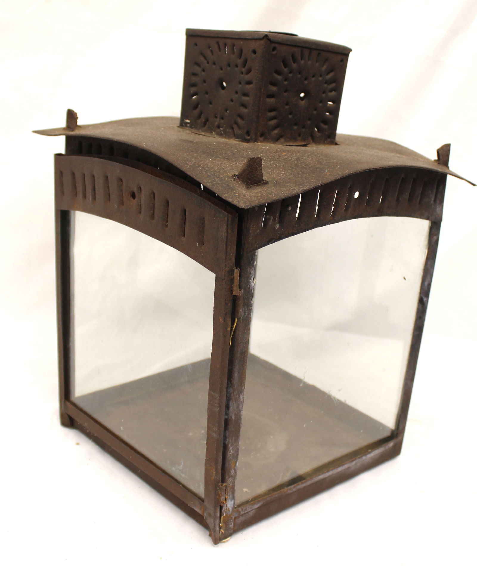 Large antique punched tin & glass lantern - 15" tall x 11" square: Large antique punched tin & glass lantern - 15" tall x 11" square