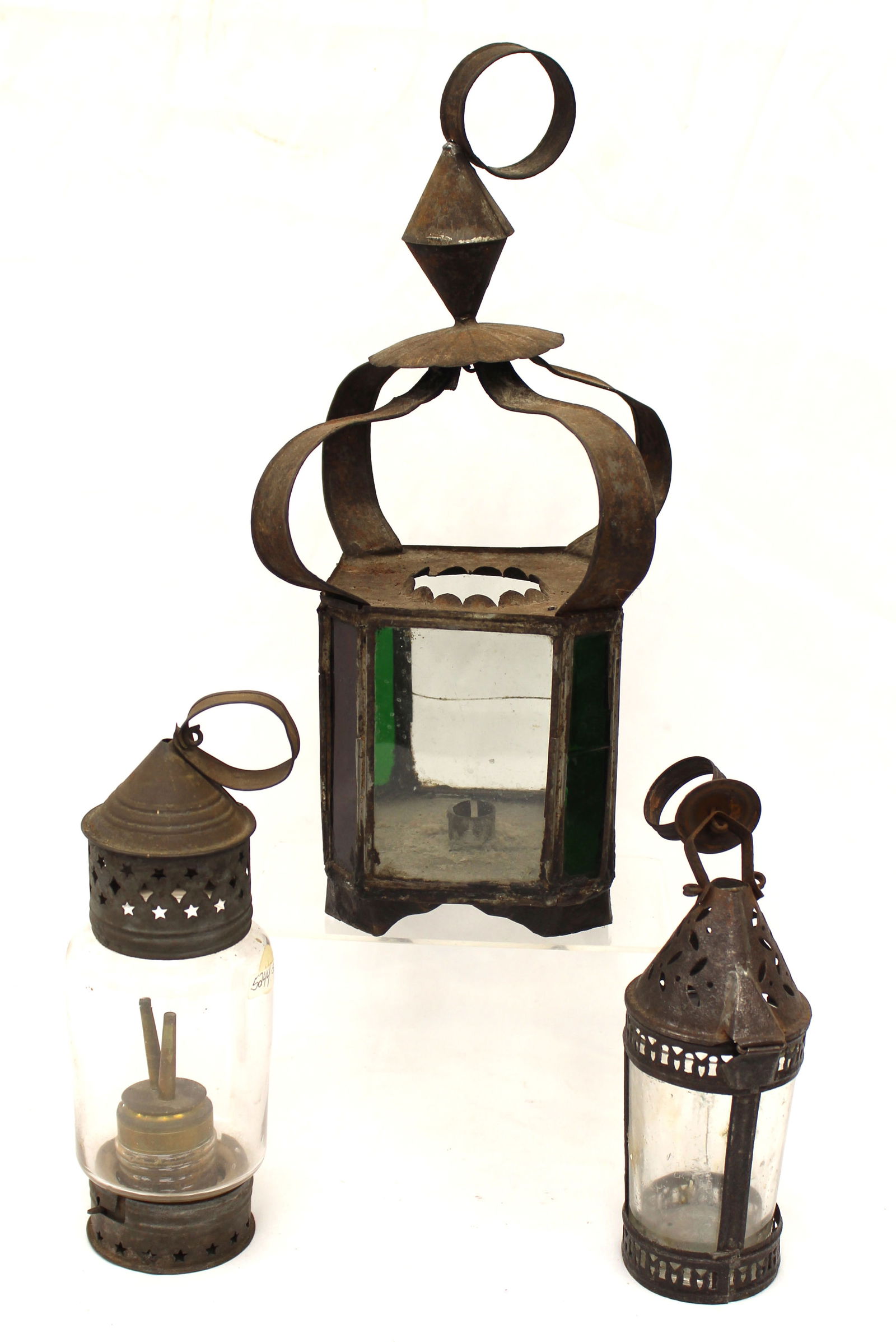 Lot of 3 antique tin & glass small lanterns - 8", 9" & 13 1/2" tall (1 of 10)
