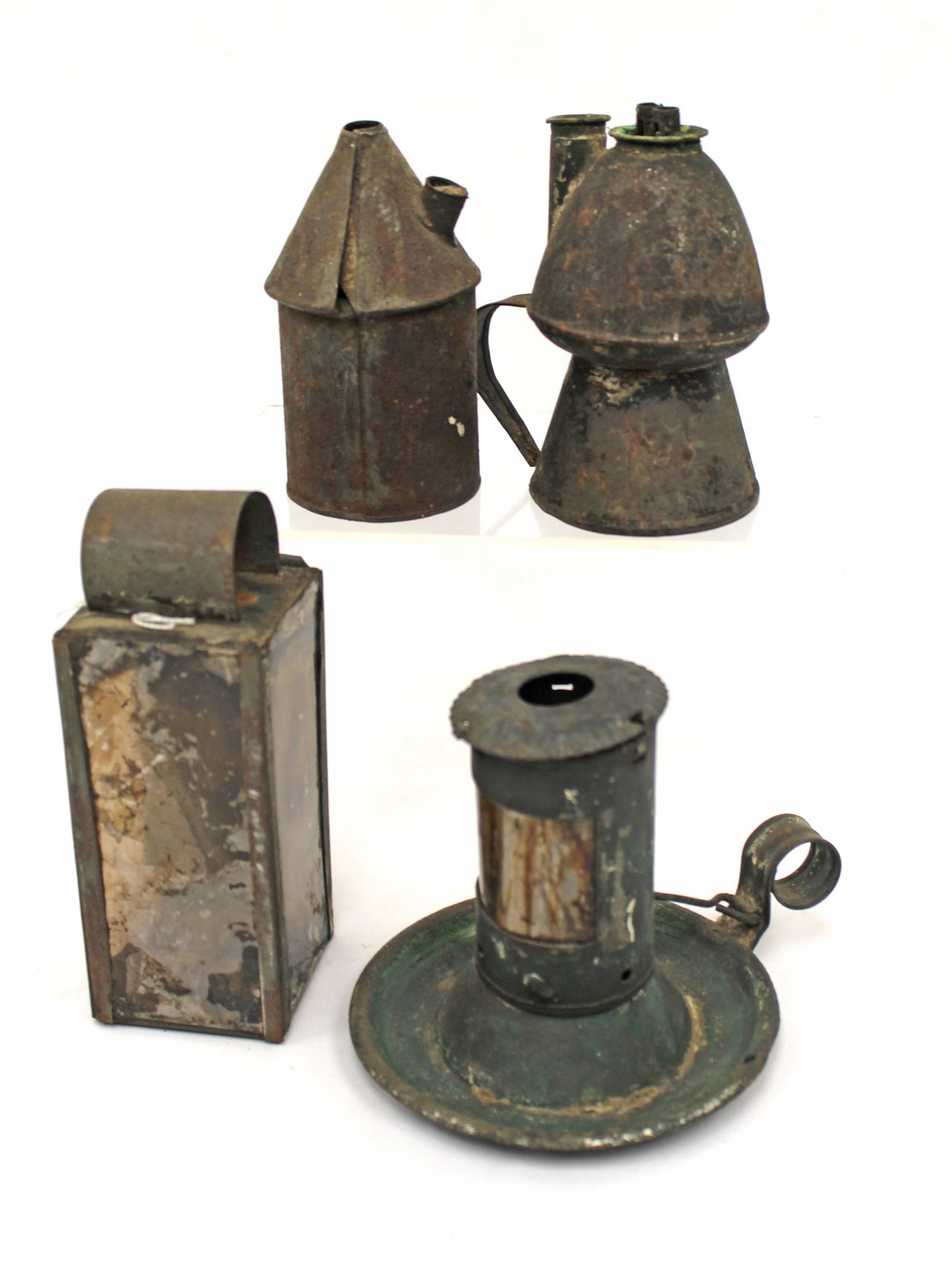 Lot of 4 antique small sheet tin or iron lamps - 4 1/2"-5 1/2" tall (1 of 7)