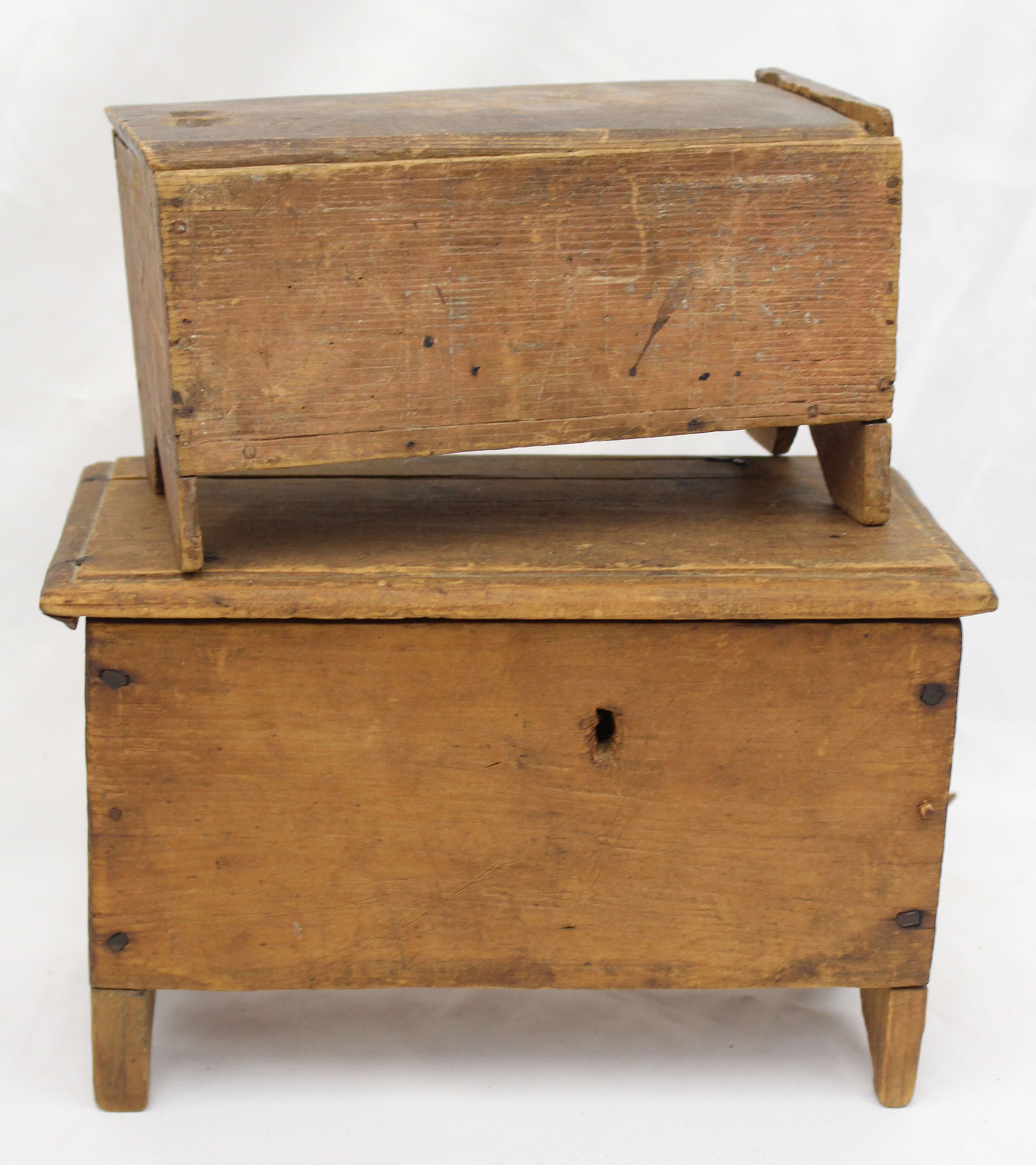 Lot of 2 miniature antique boxes incl lift top & a slide top in red wash - 6" tall x 10"x5" & 4 1/2" (1 of 10)