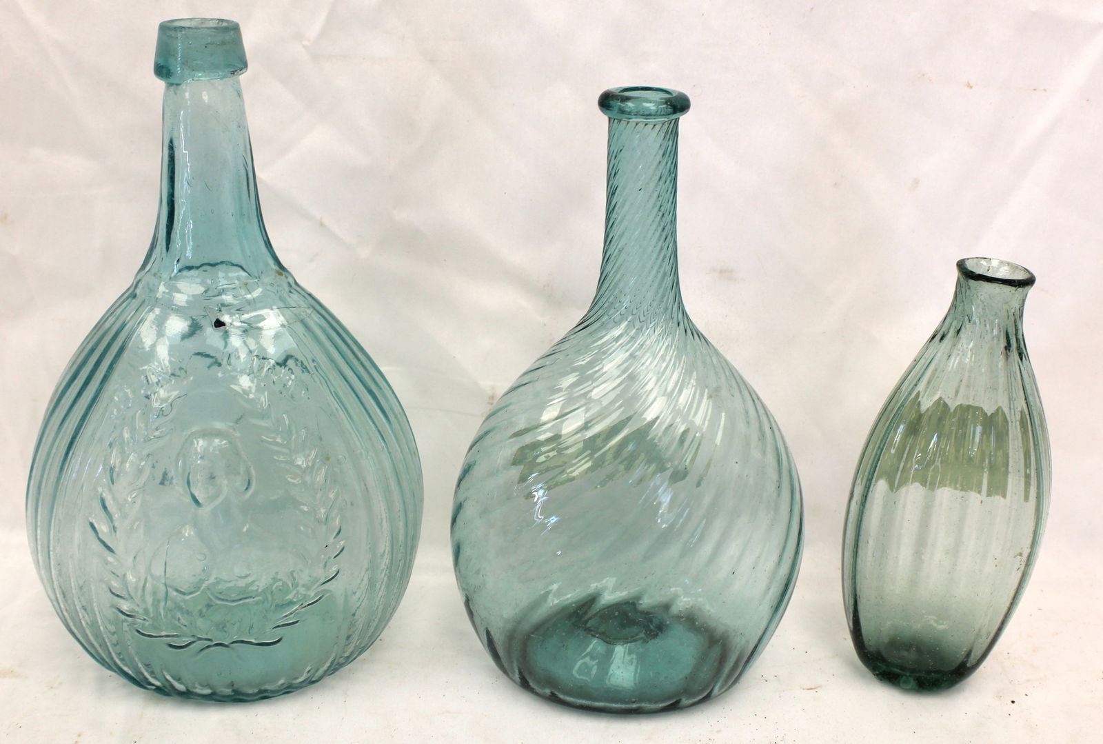 Lot of 3 early aqua glass bottles & a flask - 7", 9 1/2" & 10" tall (1 of 15)