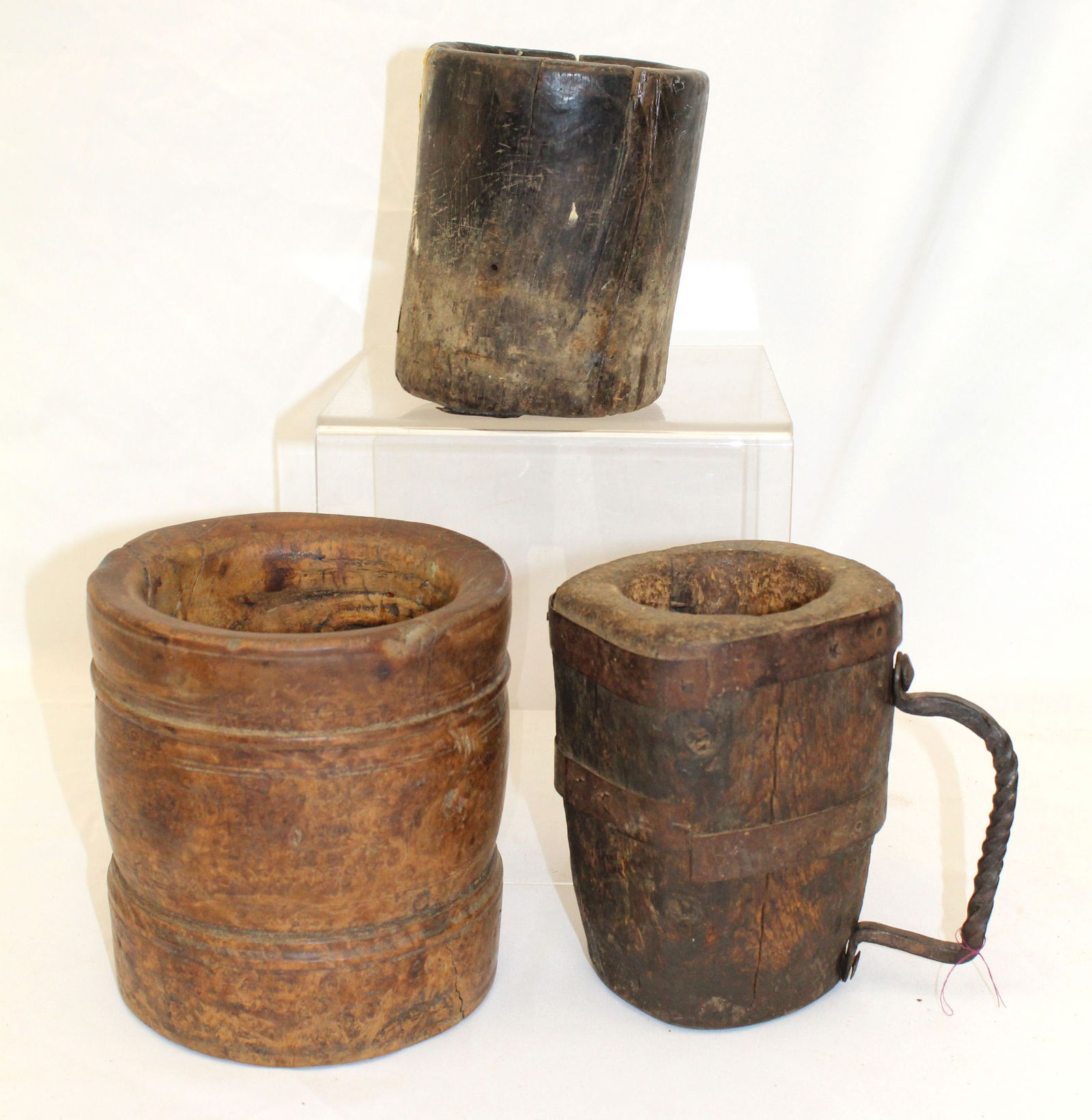 Lot of 3 antique wooden vessels incl 1 w iron banding and handle plus 1 filled with early nails - (1 of 11)