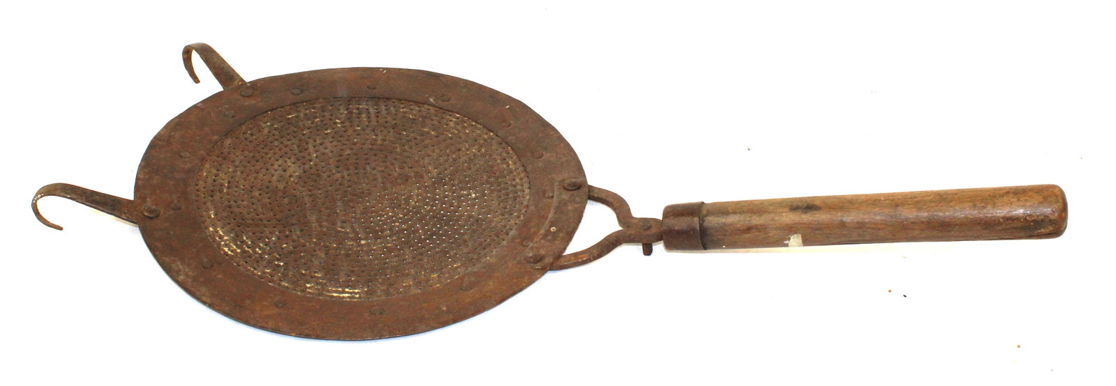 Antique wooden handled iron roaster - 29" long x 13 1/2" diam: Antique wooden handled iron roaster - 29" long x 13 1/2" diam