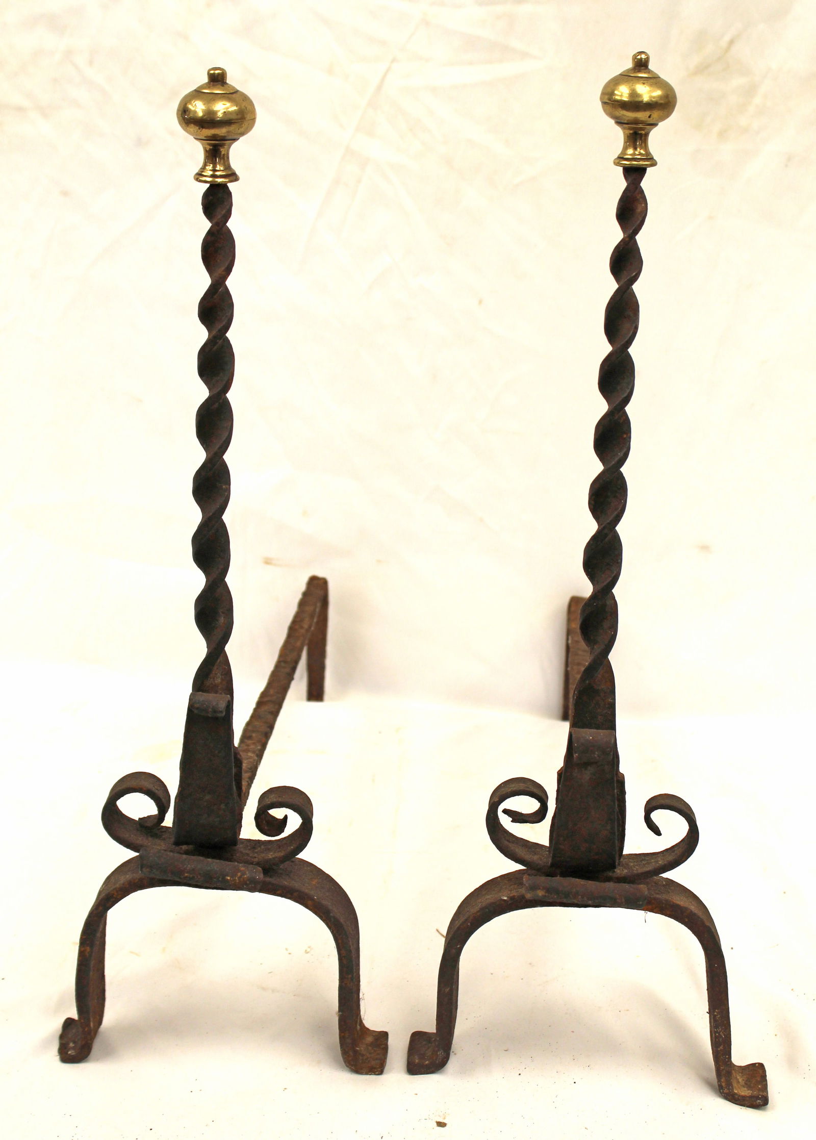Antique iron andirons w brass finials - 21" tall x 18" deep (1 of 6)