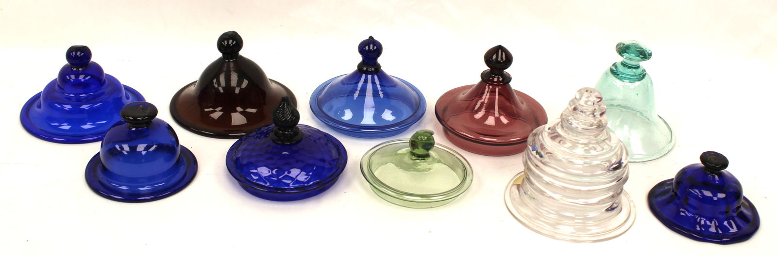 Lot of 10 early glass covers in various shapes & colors - 3 3/4"-5" diam: Lot of 10 early glass covers in various shapes & colors - 3 3/4"-5" diam