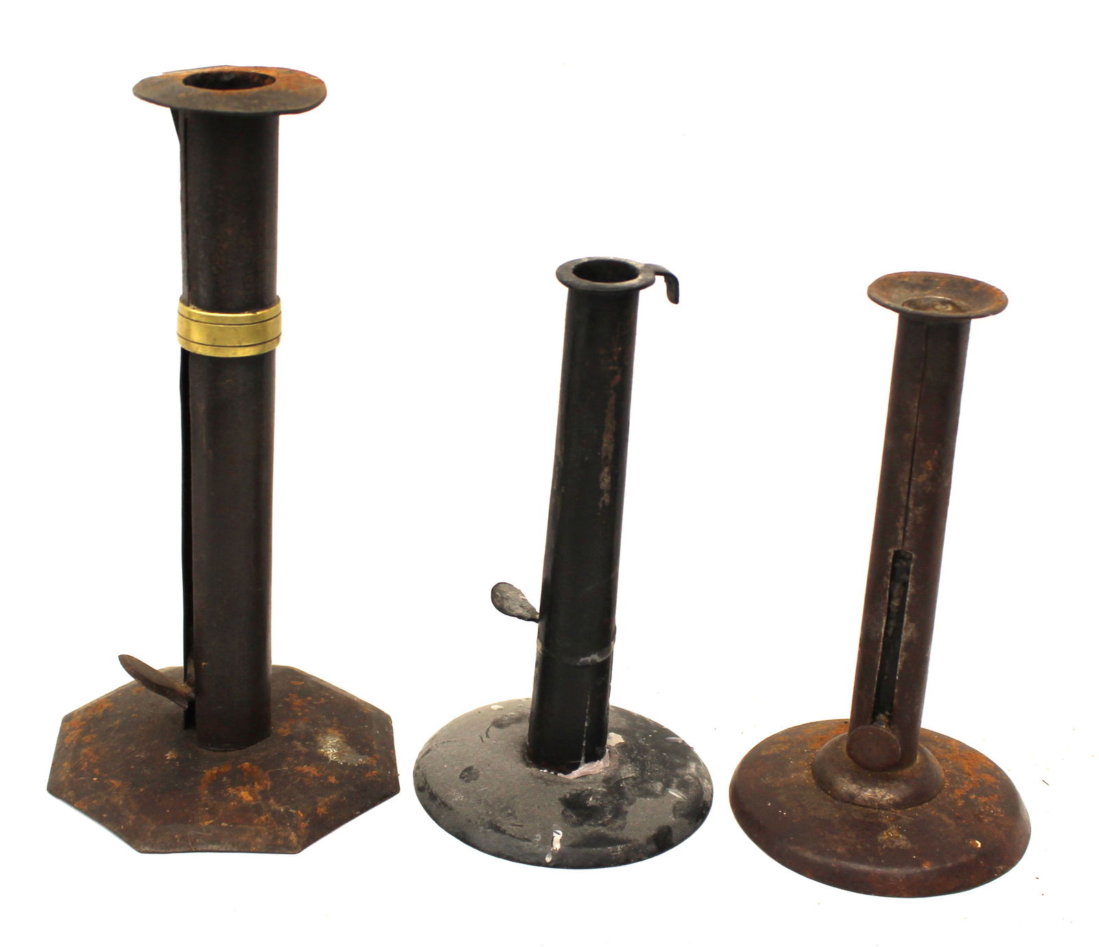 Lot of 3 antique tin hogscraper candlesticks incl 1 w wedding band ring - 7" - 8 1/2" tall: Lot of 3 antique tin hogscraper candlesticks incl 1 w wedding band ring - 7" - 8 1/2" tall