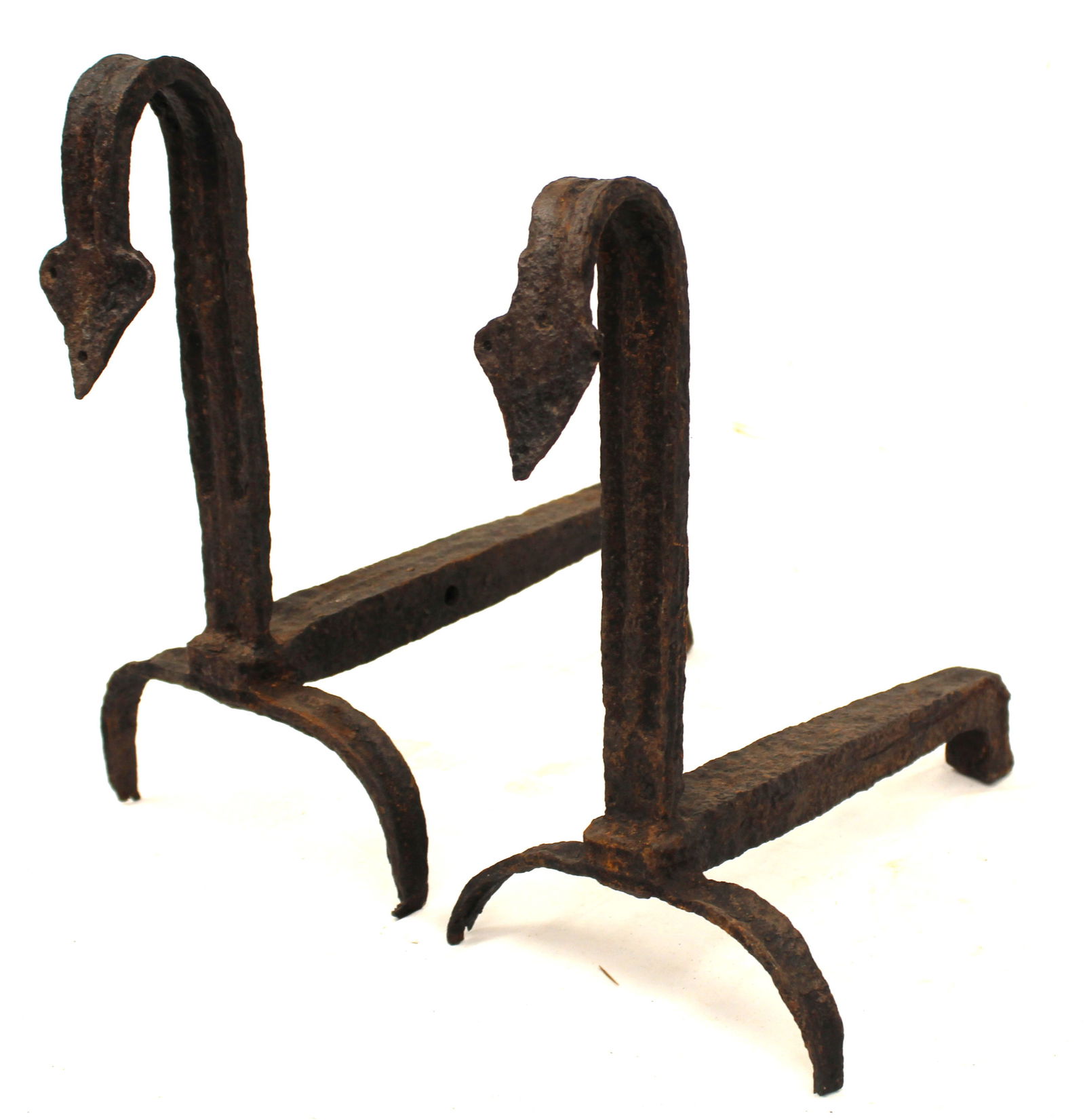 Pair of antique iron gooseneck arrowhead andirons - 14" tall x 11" deep: Pair of antique iron gooseneck arrowhead andirons - 14" tall x 11" deep