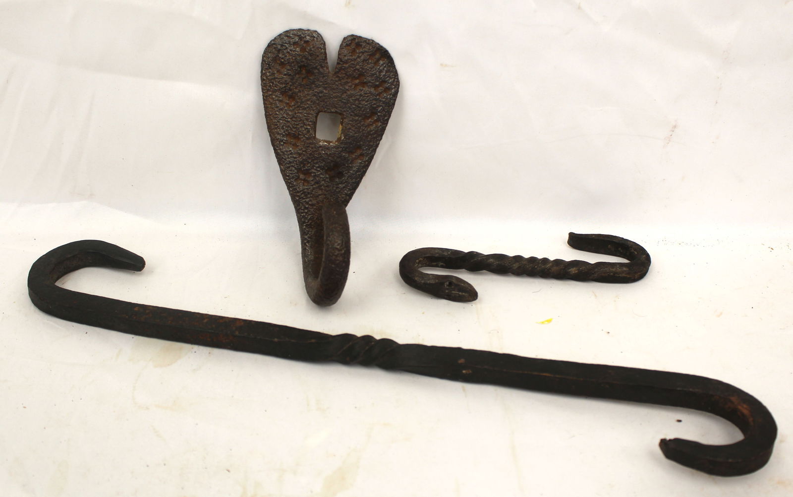 Lot of 3 antique iron hooks incl 1 heart shaped - 6 1/2" - 16 1/2" long (1 of 7)