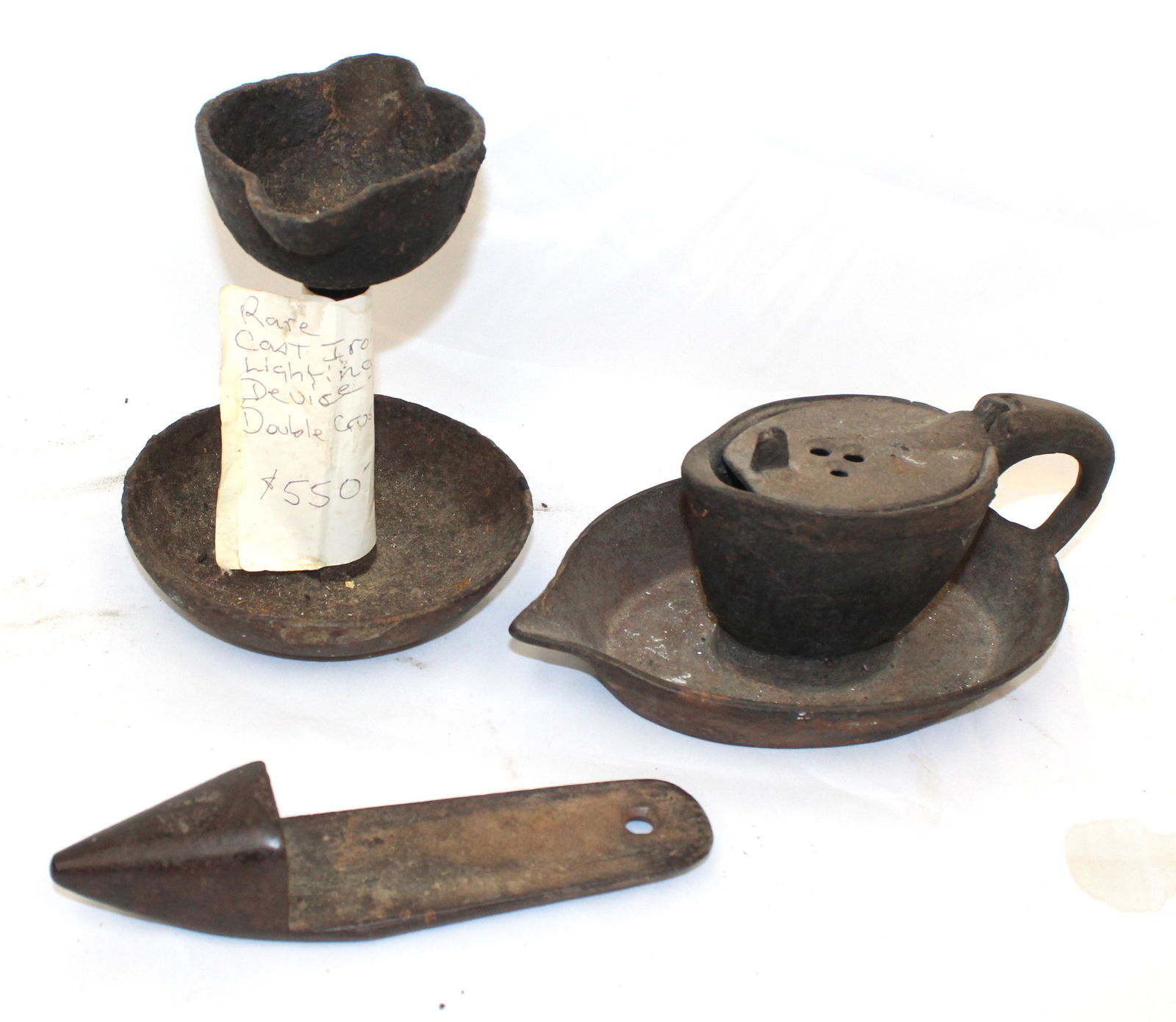 Lot of 2 cast iron lighting devices plus a cast iron wall pocket (for matches?) - 6" tall x 6 1/2". (1 of 7)