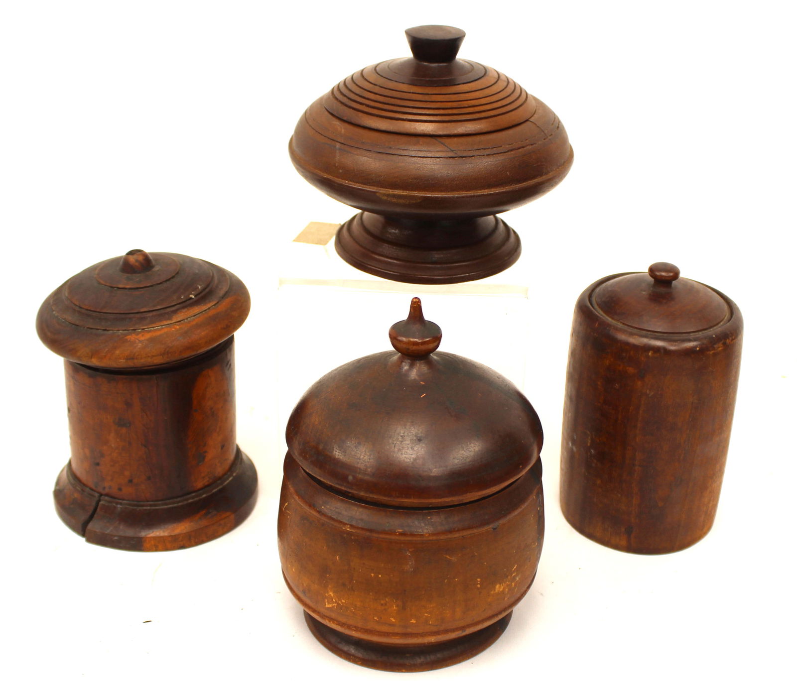 Lot of 4 treen covered boxes - 4 1/2"-6 1/2" tall: Lot of 4 treen covered boxes - 4 1/2"-6 1/2" tall