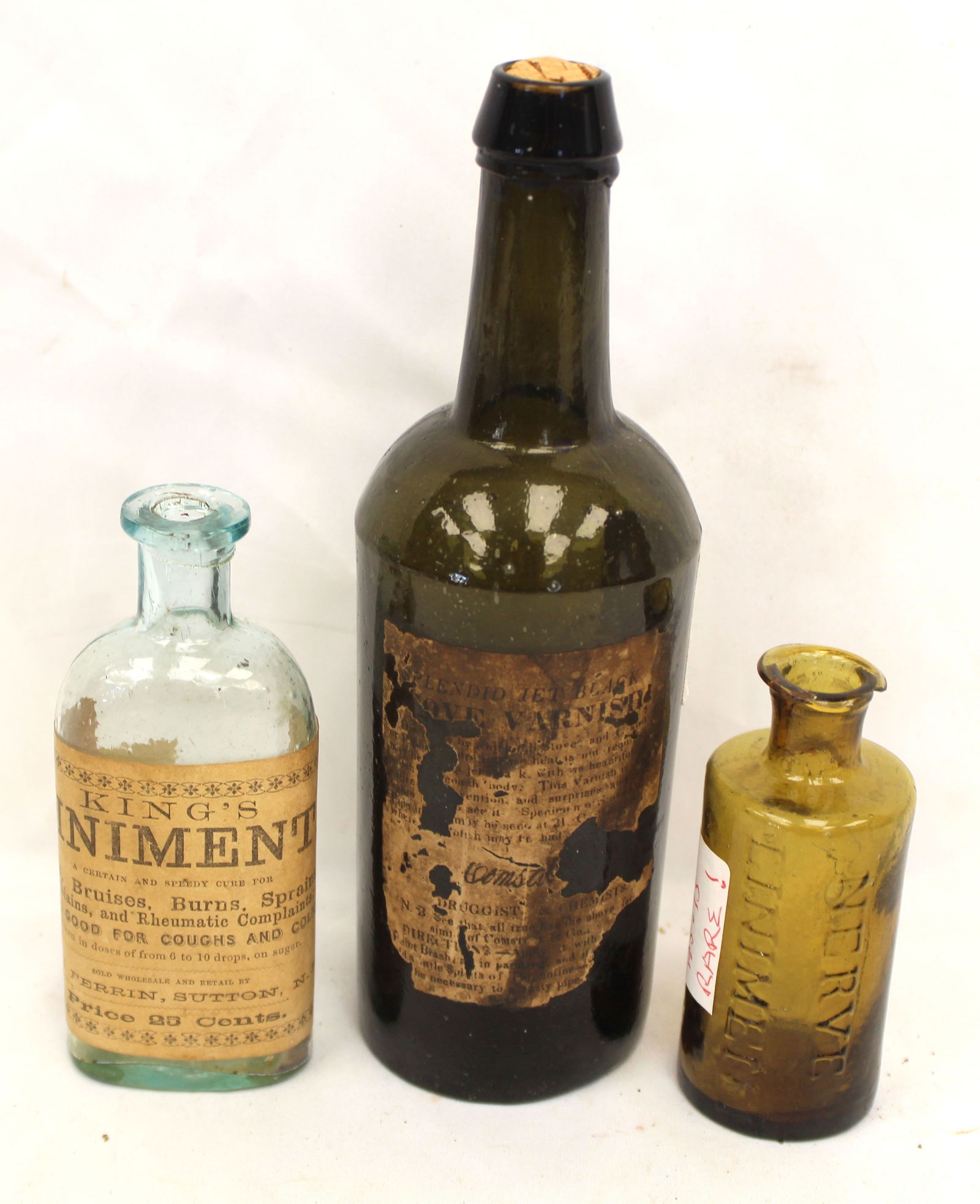 Lot of 3 early glass medicine bottles w labels - 4", 5 1/4" & 8 1/2" tall (1 of 10)