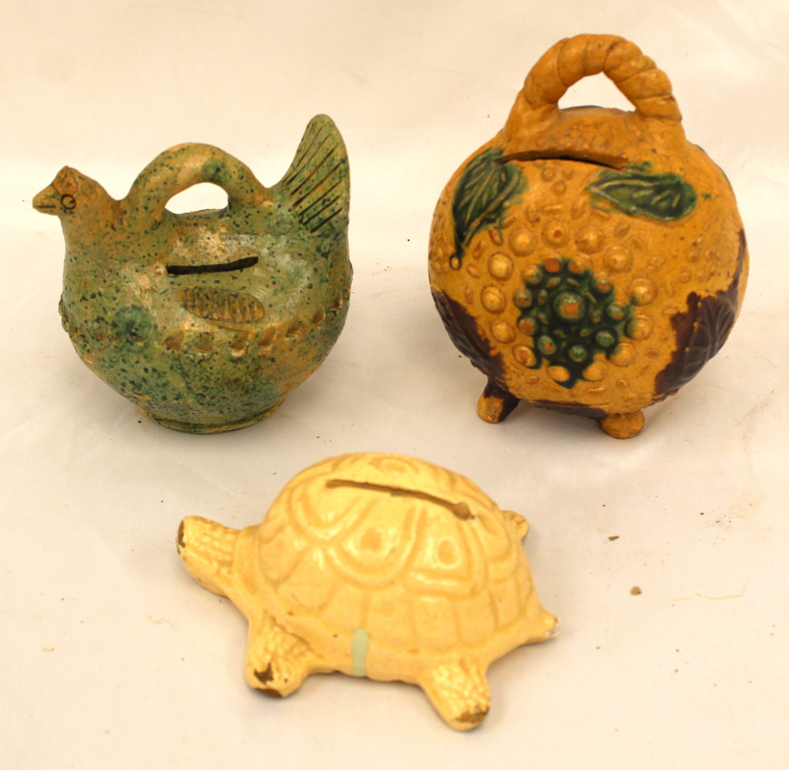 Lot of 3 earthenware banks incl turtle, chicken & a decorated - 2"-6" tall basket: Lot of 3 earthenware banks incl turtle, chicken & a decorated - 2"-6" tall basket