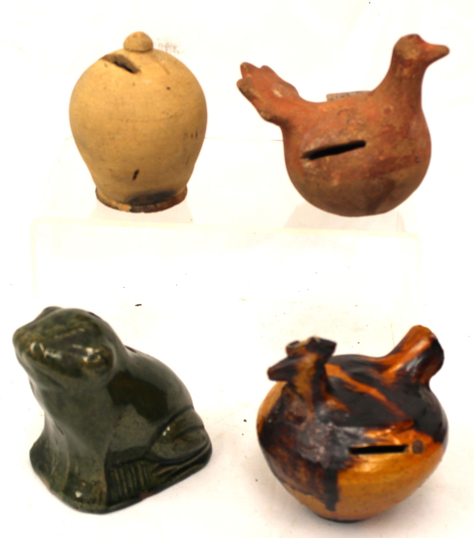 Lot of 4 redware & earthenware banks incl frog, bird & chicken - 3 1/2"-4 1/2" tall: Lot of 4 redware & earthenware banks incl frog, bird & chicken - 3 1/2"-4 1/2" tall