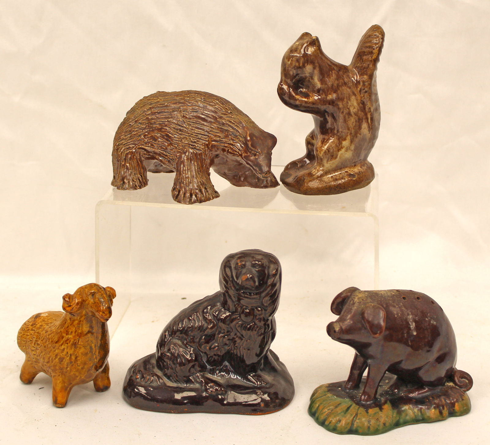 Lot of 5 redware & earthenware figures incl dog, pig, squirrel, bear & ram - 2"-4 1/2" tall: Lot of 5 redware & earthenware figures incl dog, pig, squirrel, bear & ram - 2"-4 1/2" tall