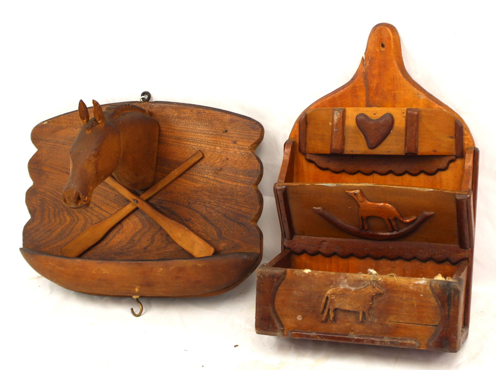 Lot of 2 wooden carved wall shelves - 1 w horse & oars motif & the other w heart motif - 10 1/2"x13": Lot of 2 wooden carved wall shelves - 1 w horse & oars motif & the other w heart motif - 10 1/2"x13" wide x 7 1/2" deep & 14" tall x 9" wide x4" deep