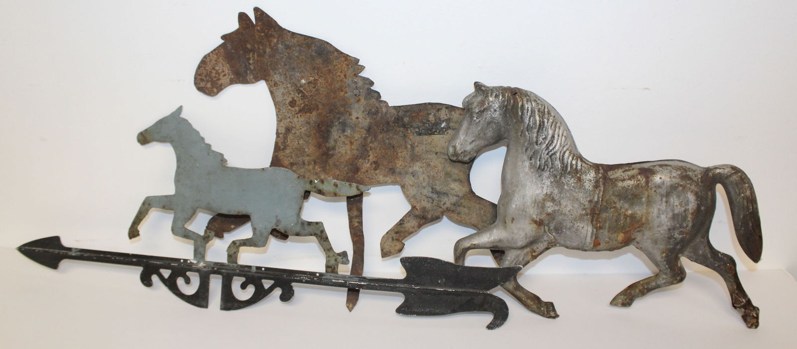 Lot of 3 sheet metal horse weathervanes - 22", 17" & 13" long: Lot of 3 metal horse weathervanes - 2 sheet metal - 22", 17" & 13" long