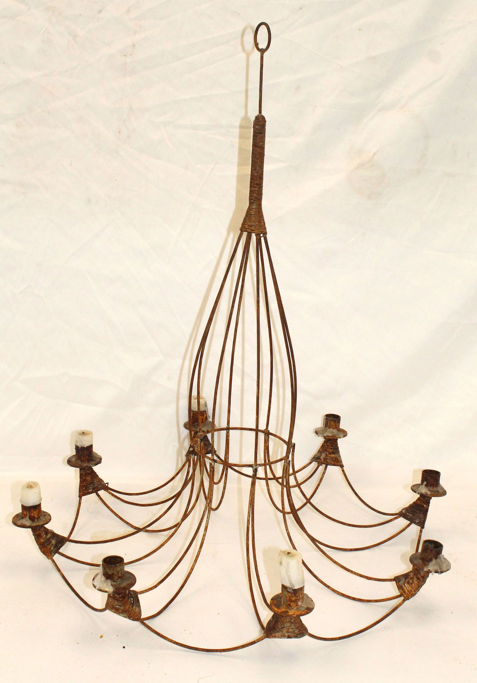Antique style iron/wire hanging candle chandelier - 28" tall x 24" diam: Antique style iron/wire hanging candle chandelier - 28" tall x 24" diam