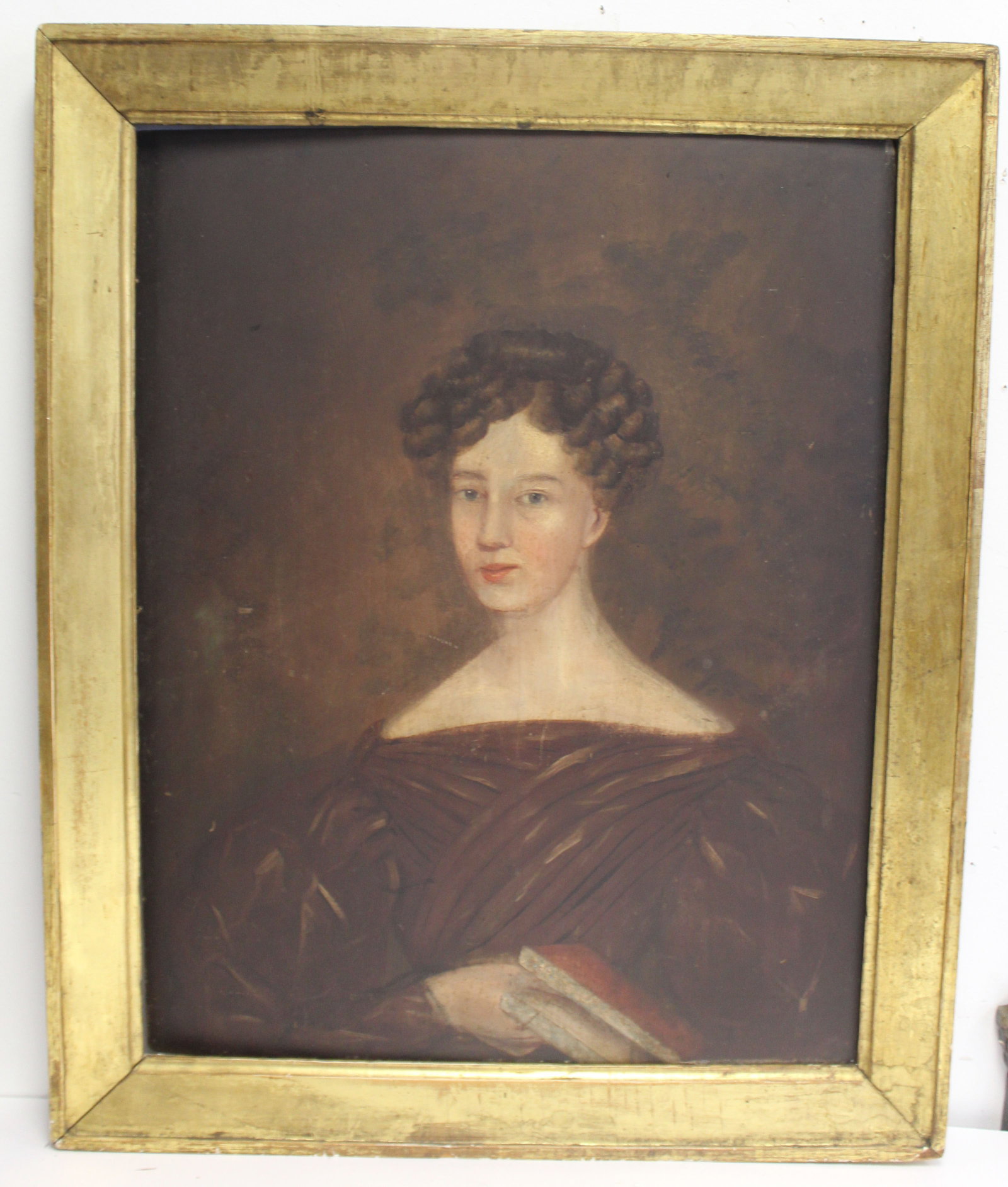 Antique oil/panel portrait of a woman holding a book - overall framed size 35 1/2"x39": Antique oil/panel portrait of a woman holding a book - overall framed size 35 1/2"x39"