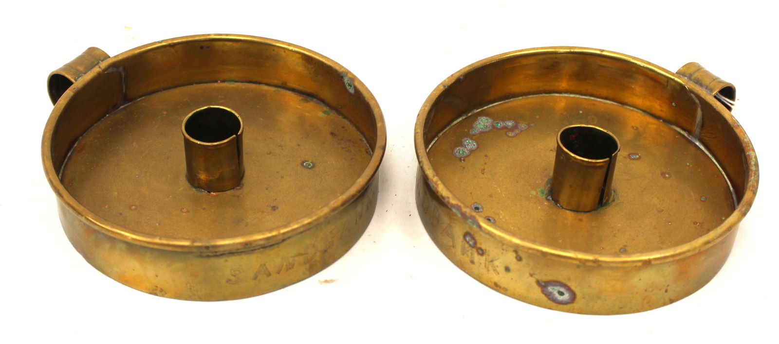 Near pair of antique brass chambersticks - 1 1/2" tall x 6 1/2": Near pair of antique brass chambersticks - 1 1/2" tall x 6 1/2"