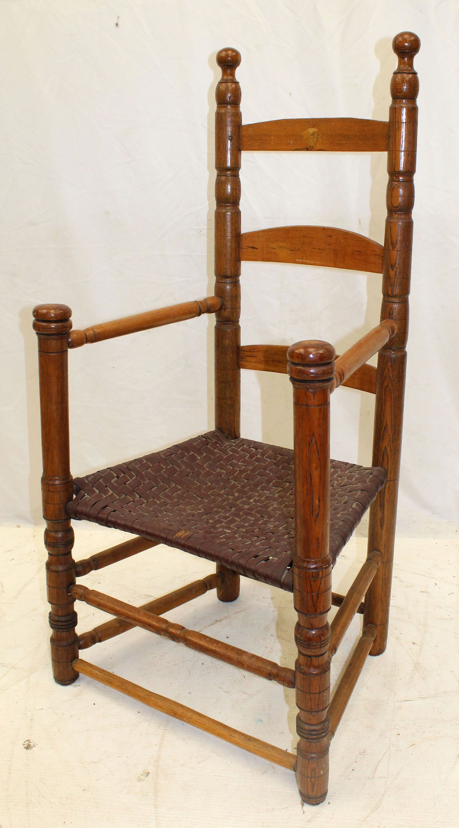 18thC mushroom arm 3 slat ladderback chair - 42" tall x 15" seat height (1 of 7)