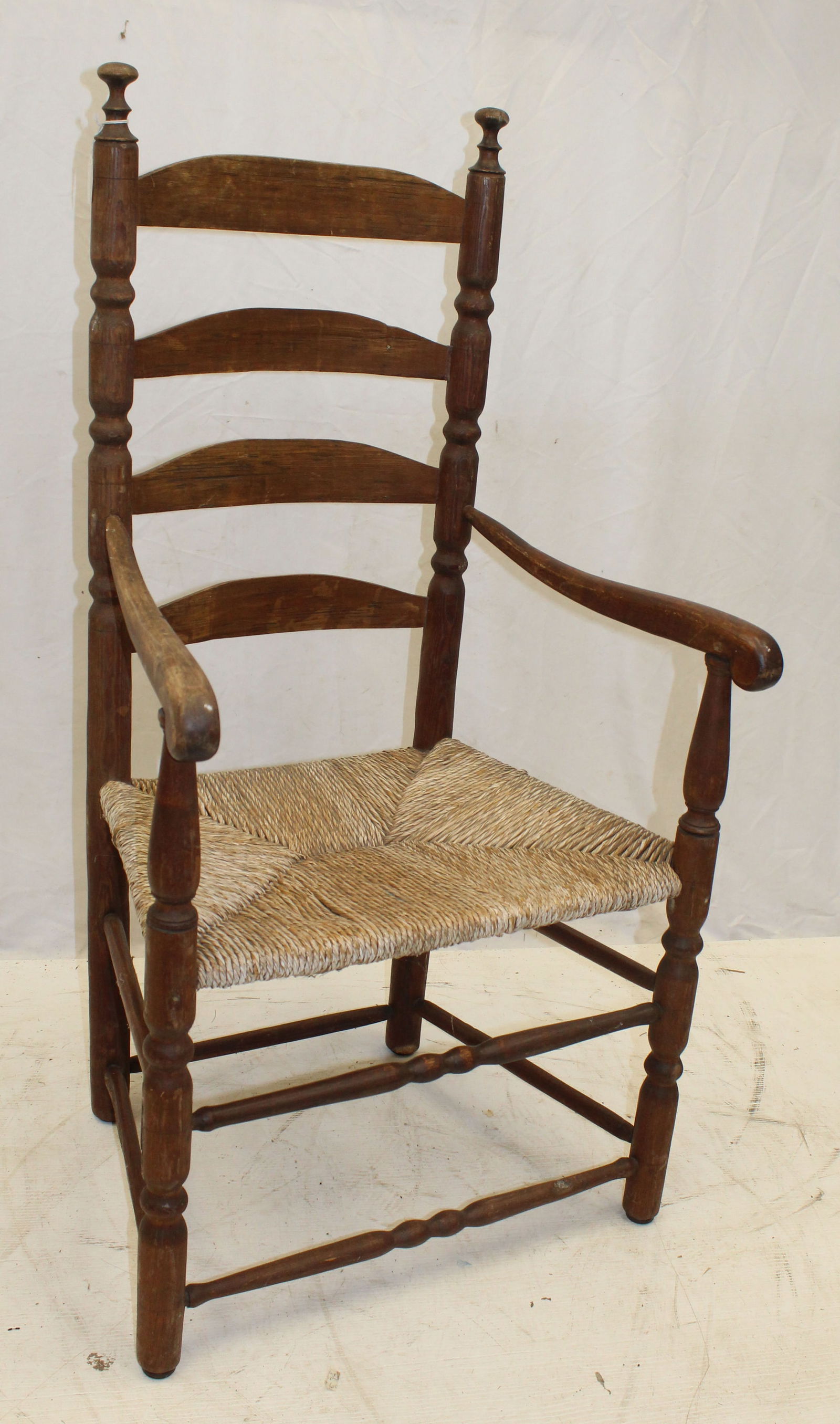 18thC 4 slat ladderback armchair w rush seat - 44" tall w 16 1/2" seat height (1 of 7)